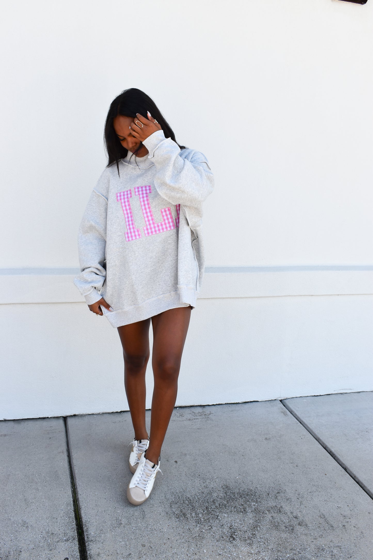 "ILY" Gingham Embroidered Mockneck
