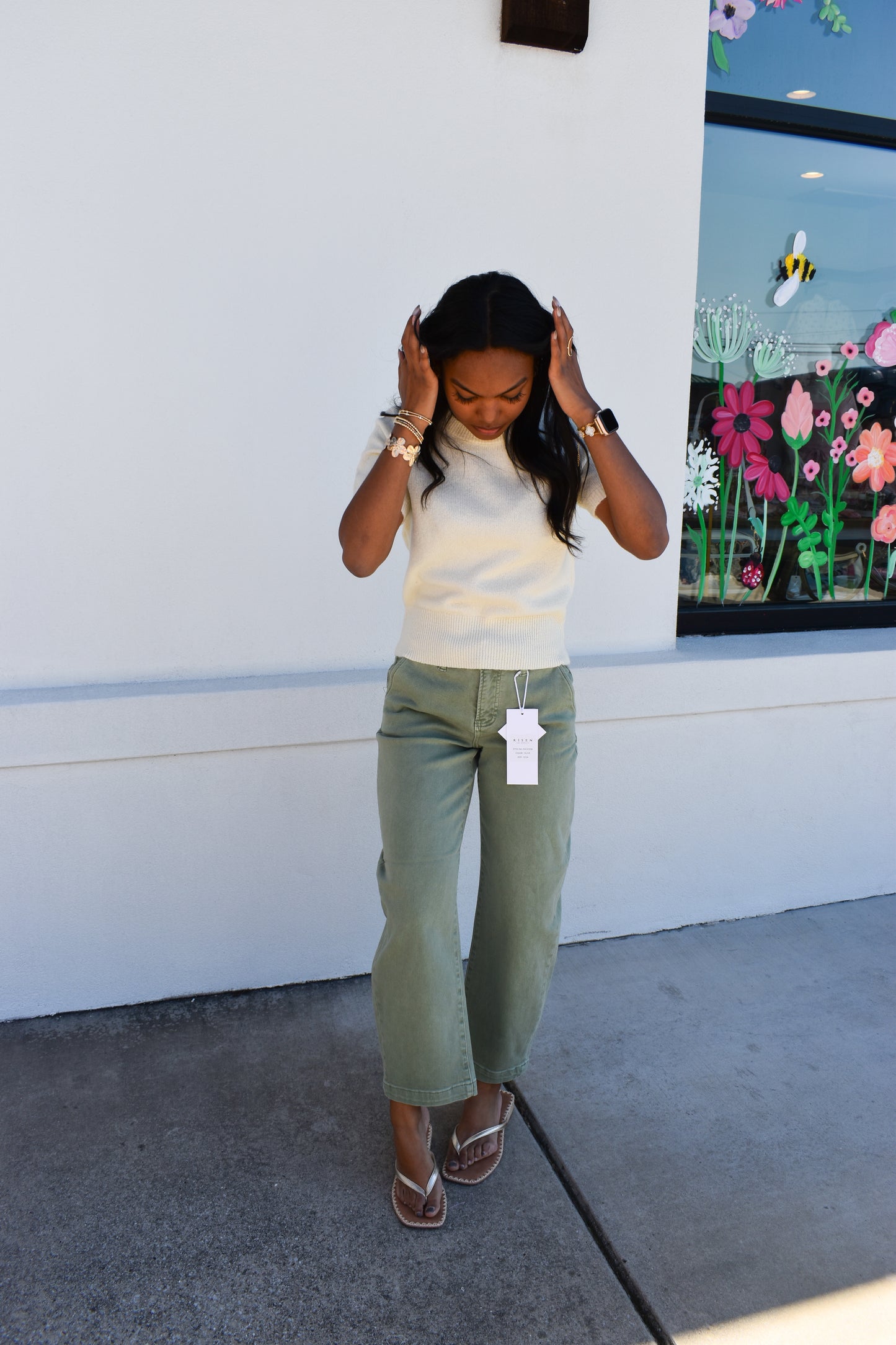 Risen Olive Crop Barrel Jeans