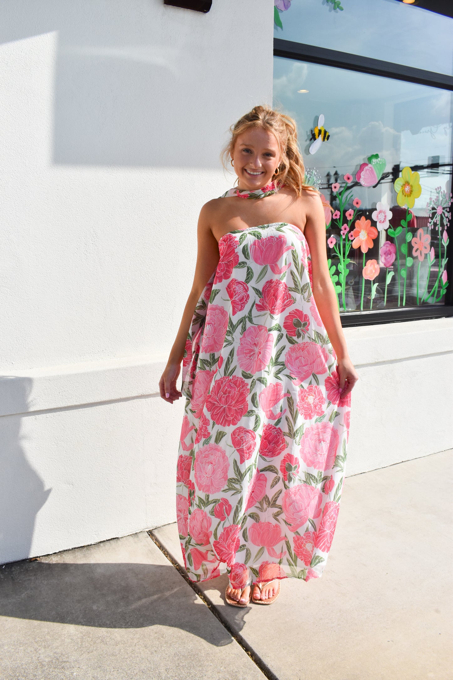 Floral Strapless Maxi Dress W/ Convertible Scarf
