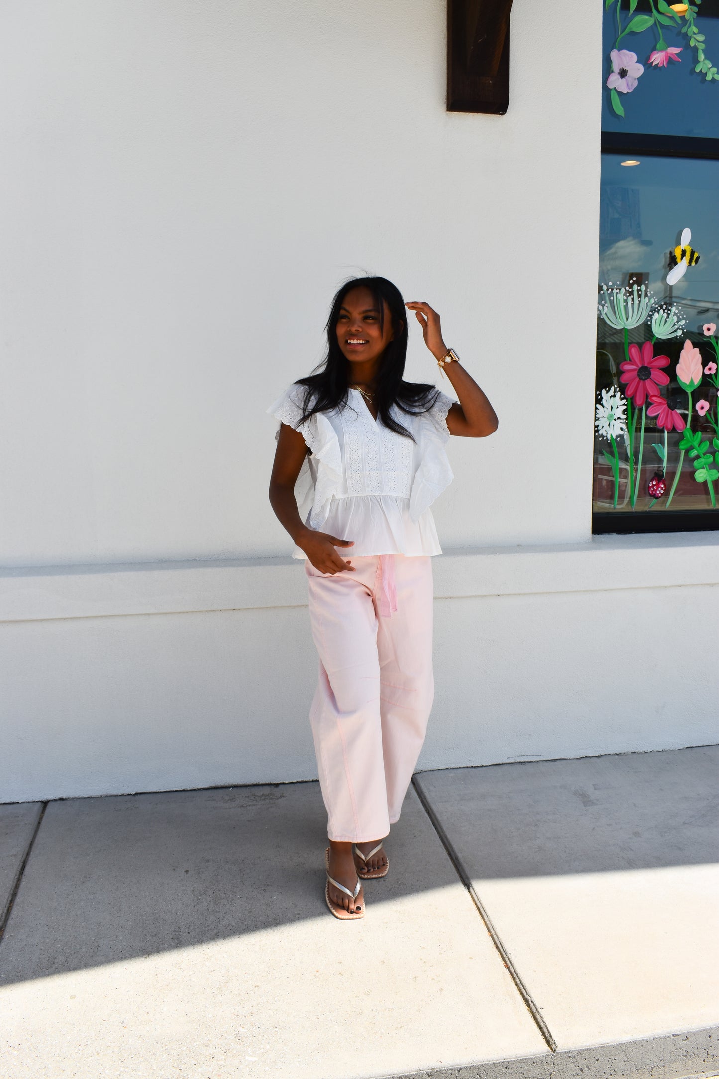 Delicately Embroidered Eyelet Ruffled Cotton Poplin Blouse