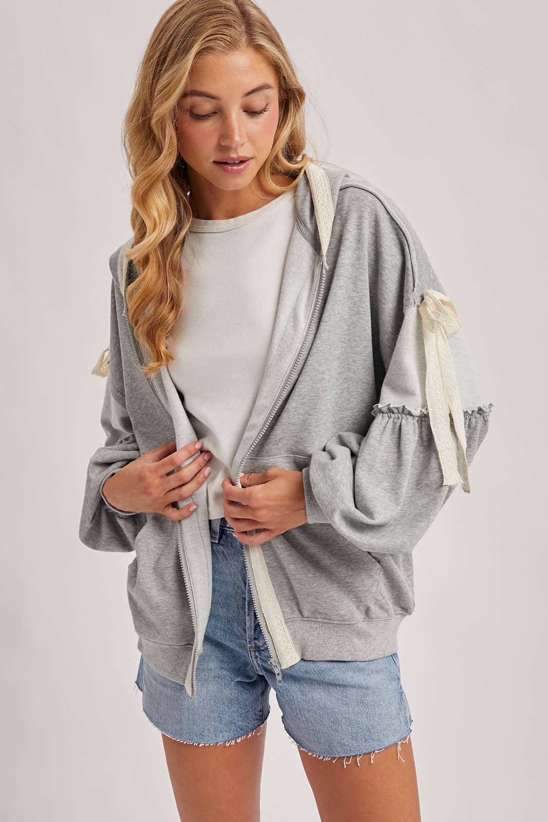 Bow Lace Hoodie W/ Double Zipper