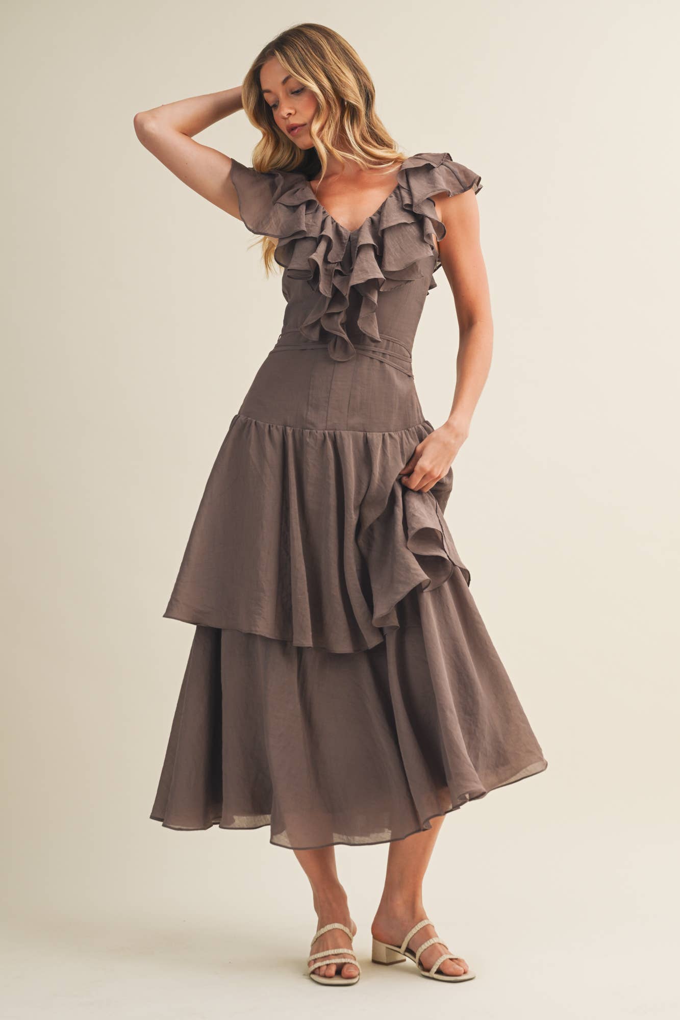 V-Neck Ruffle Cascade Tiered Dress