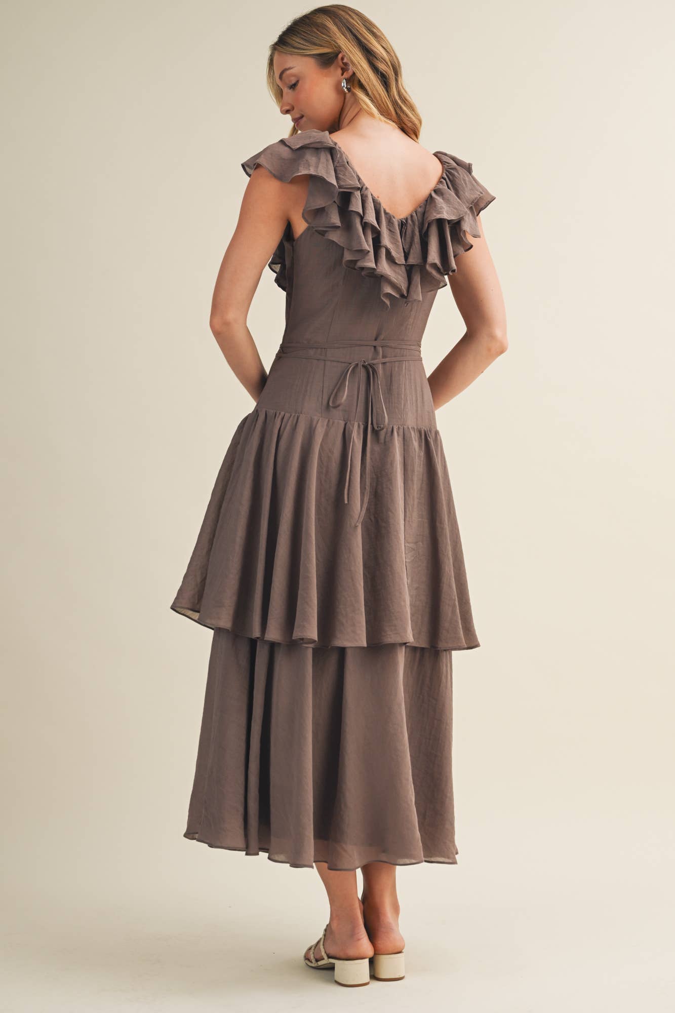 V-Neck Ruffle Cascade Tiered Dress
