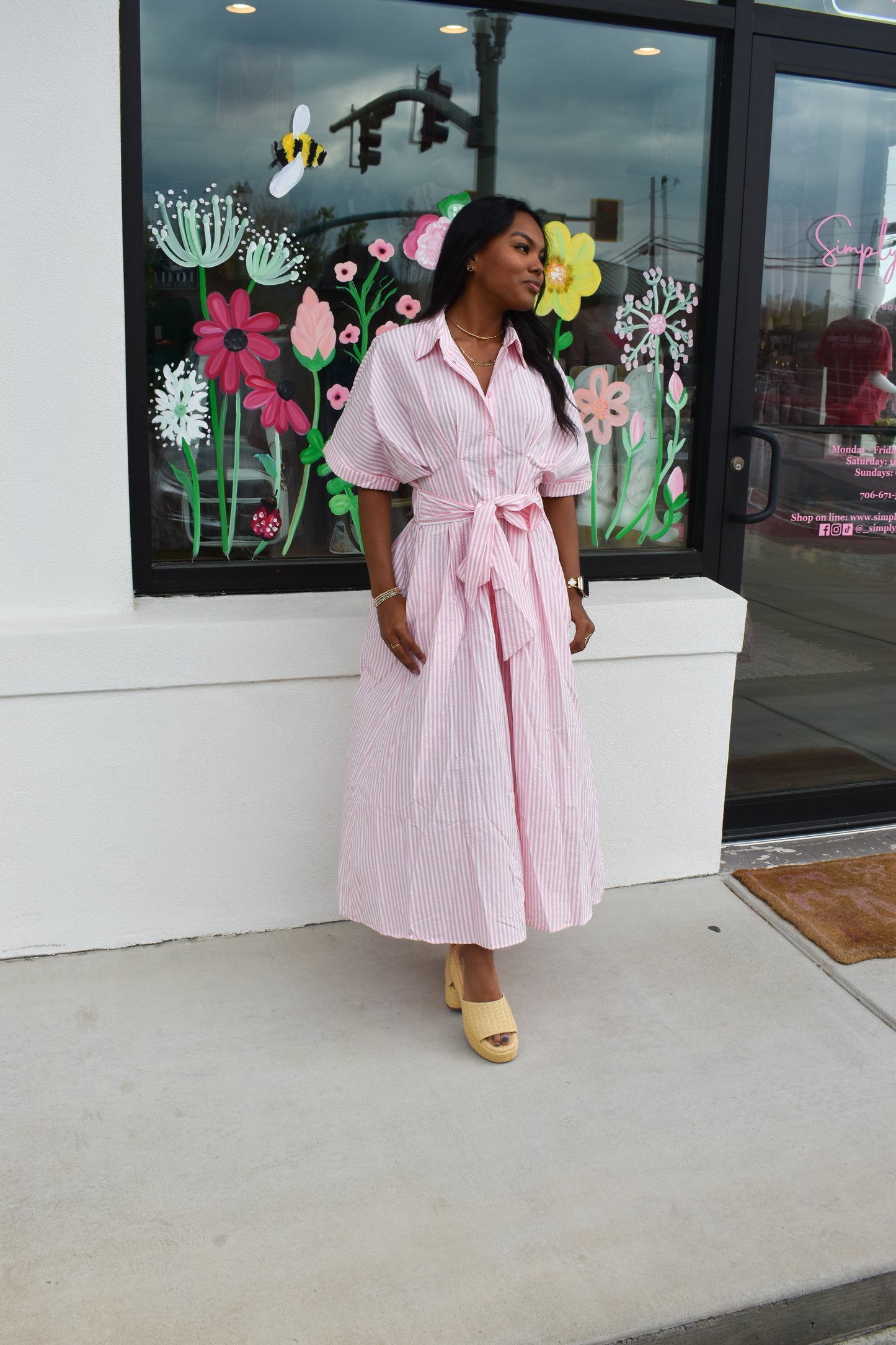 Seer Sucker Striped W/ Bow Tie Maxi Dress
