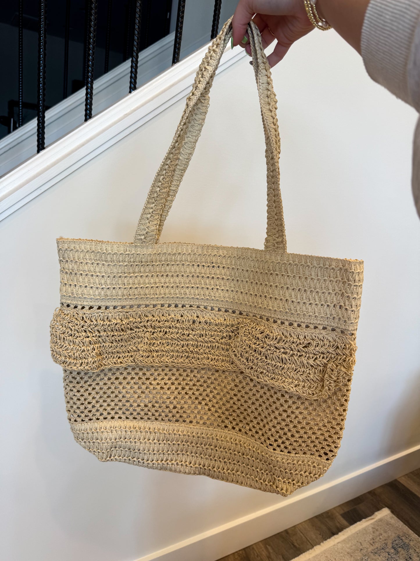 Woven Ruffle Straw Tote Bag
