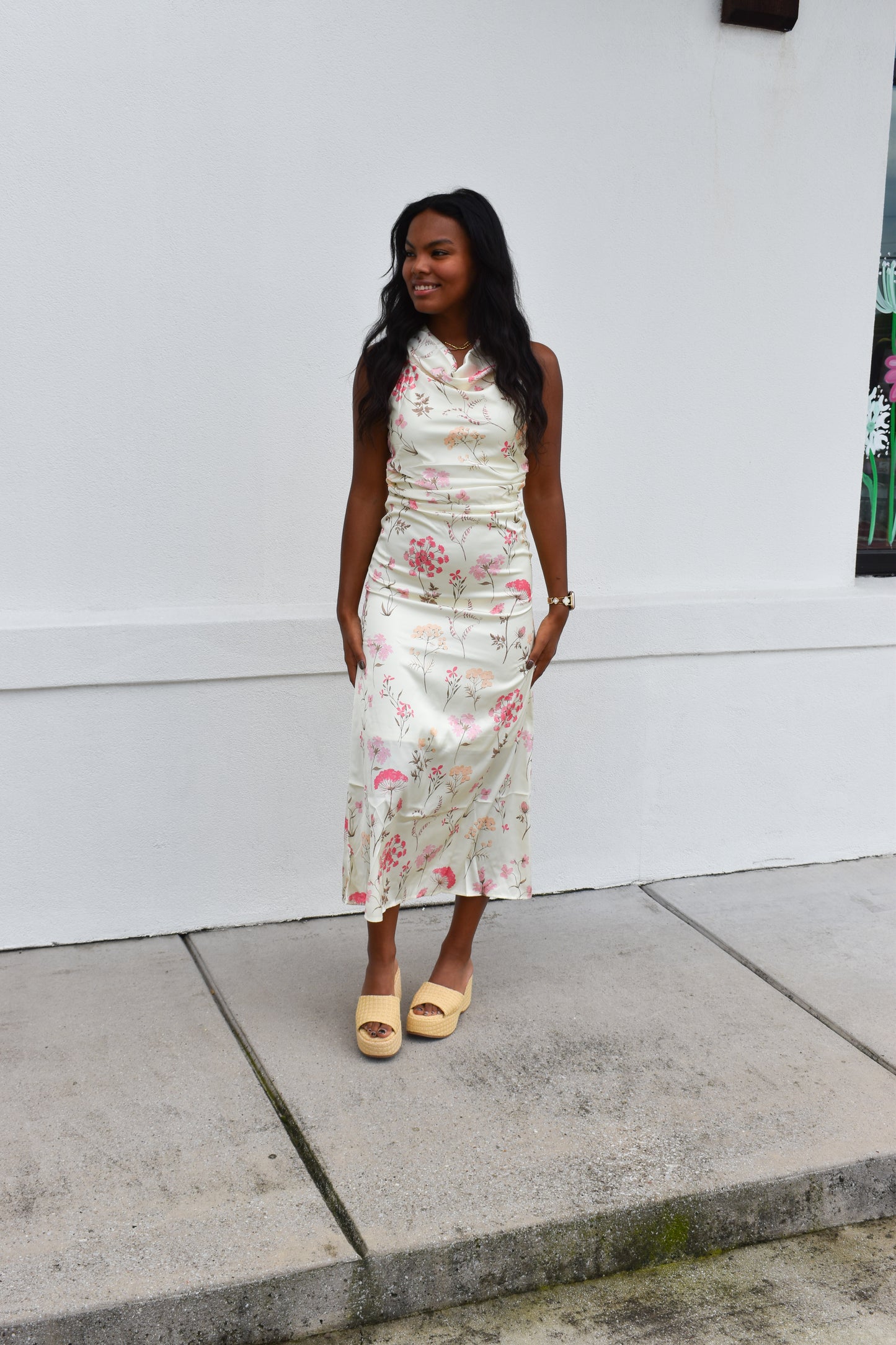 Cowl Neck Floral Midi Dress