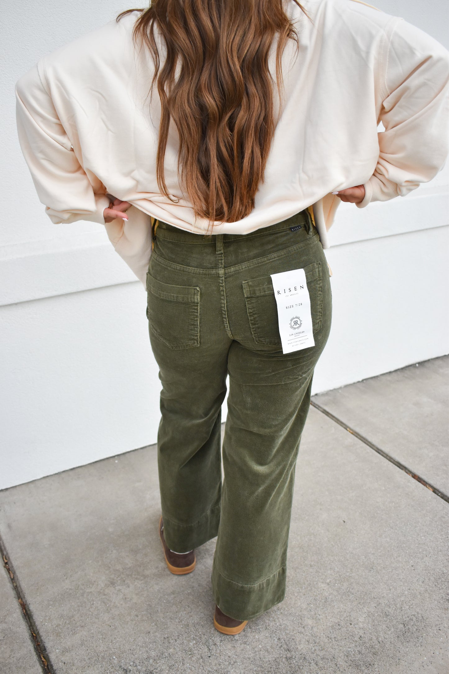 Risen High Rise Cropped Green Corduroy Pants
