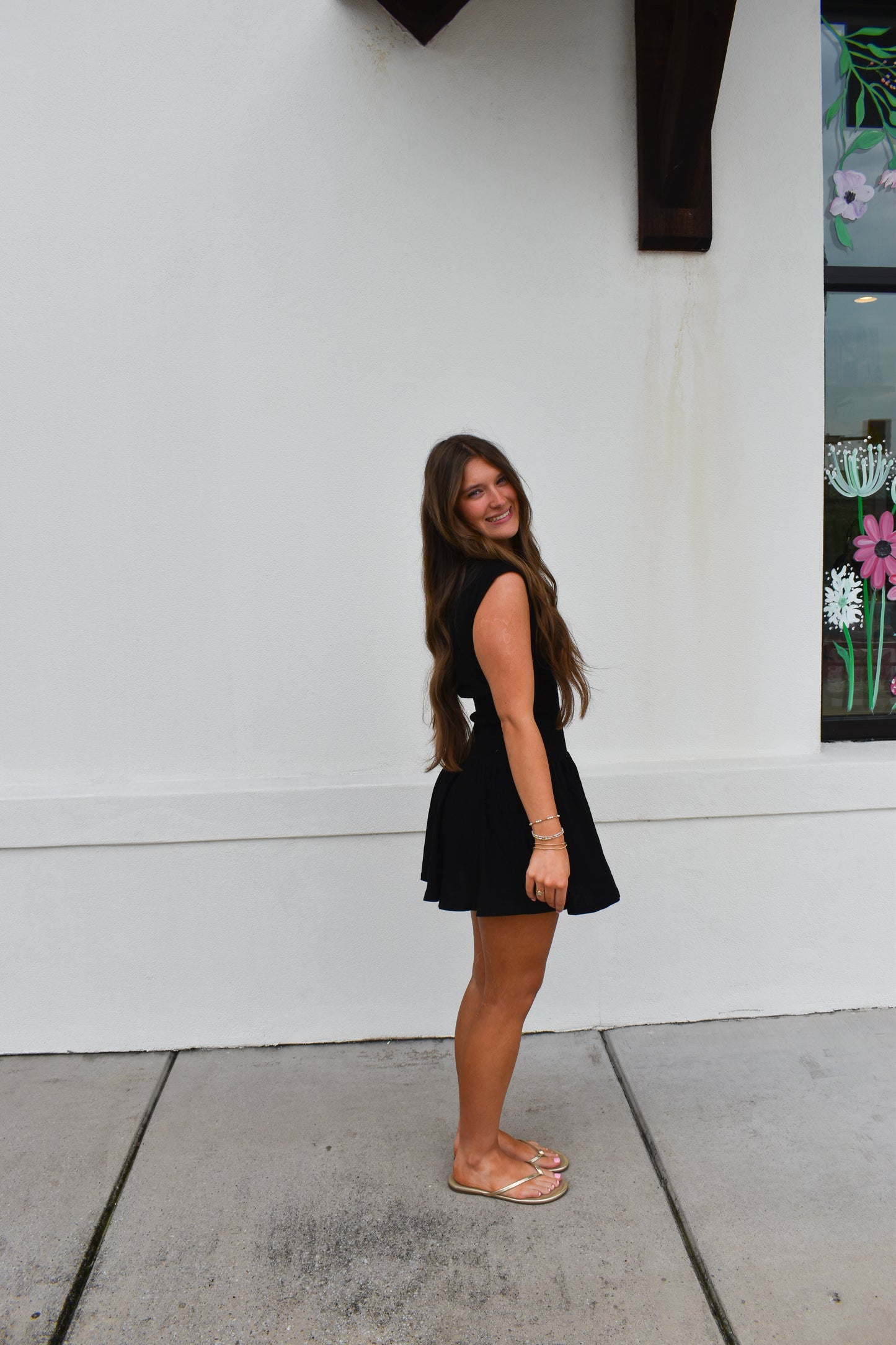 Off Shoulder Smocked Waist Dress: Black