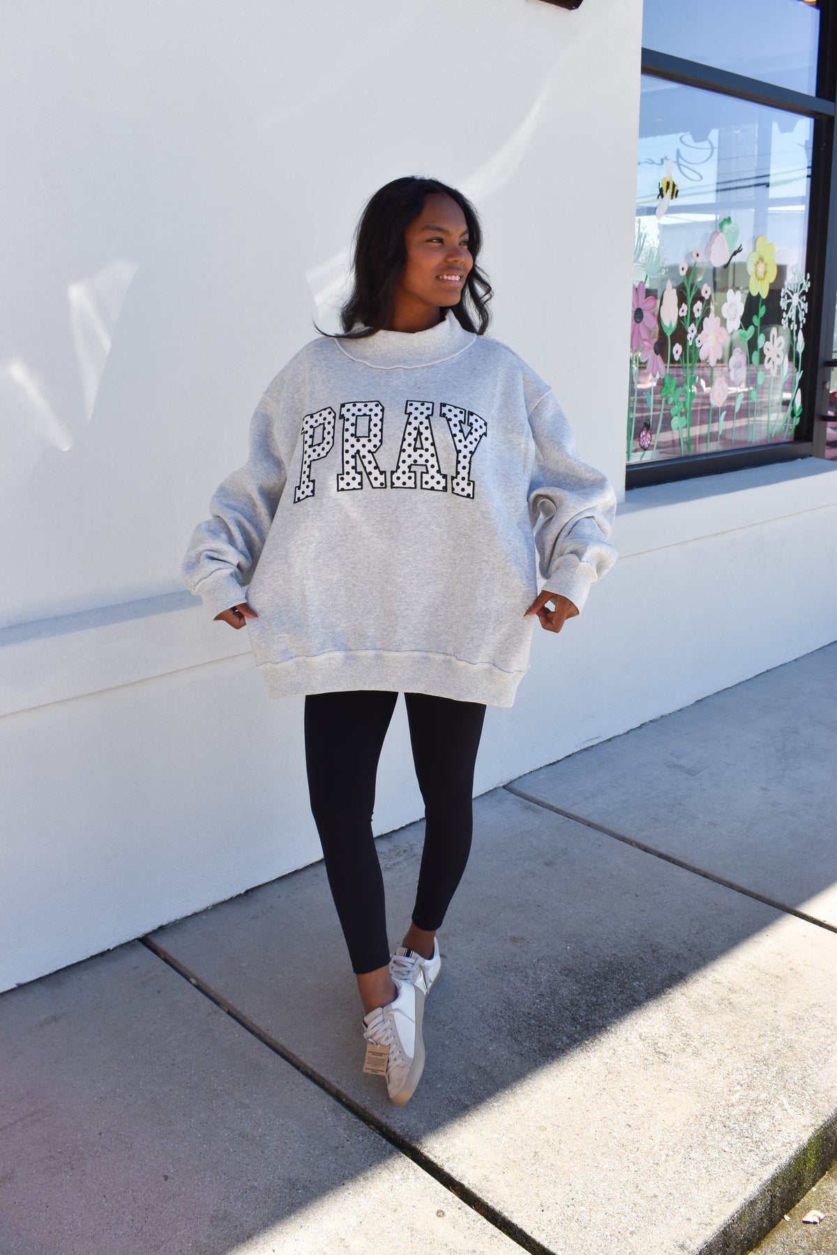 Embroidered "PRAY" Polka Dot Mockneck