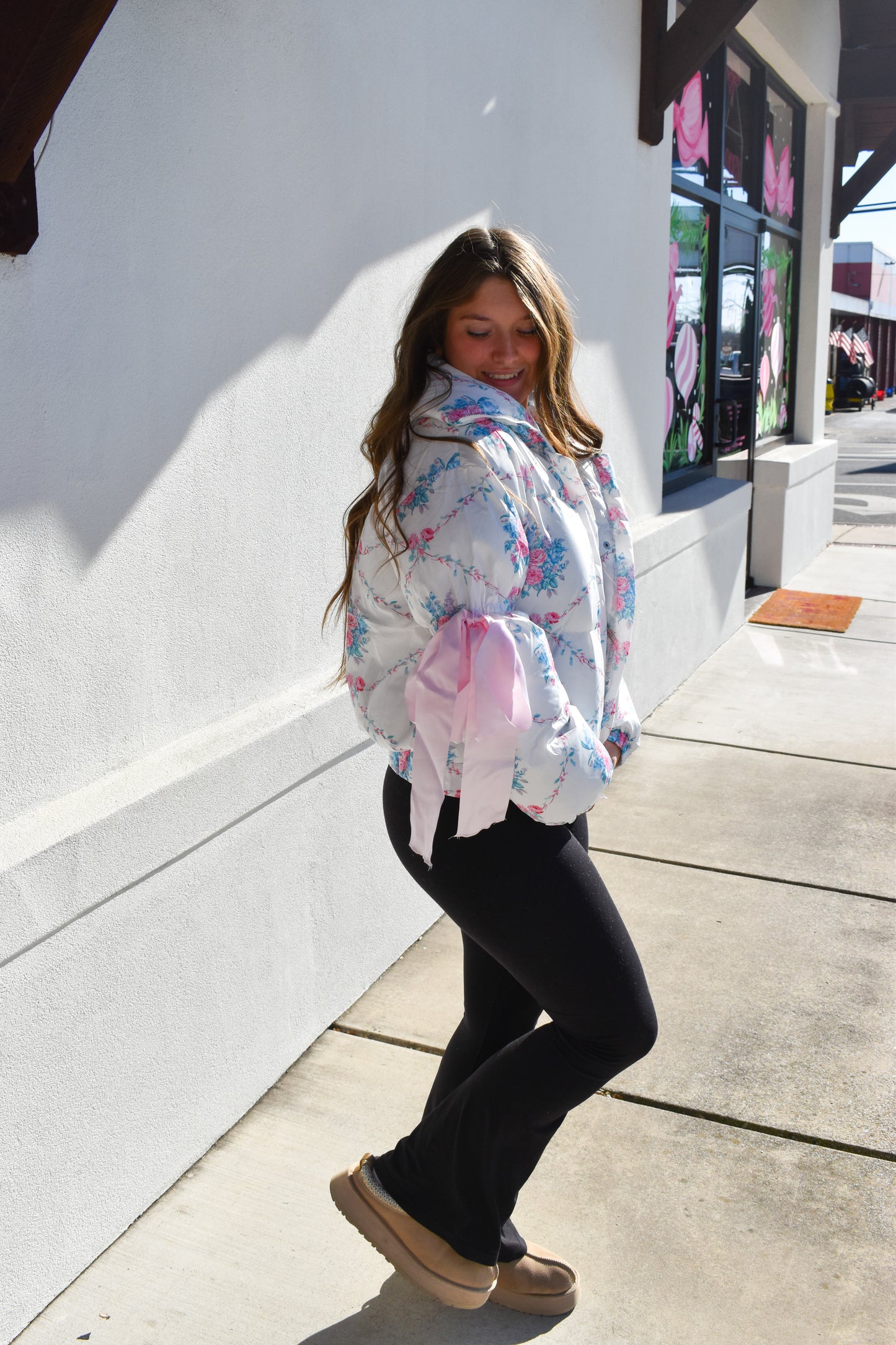 Floral Print Bow Knot Puffer Jacket