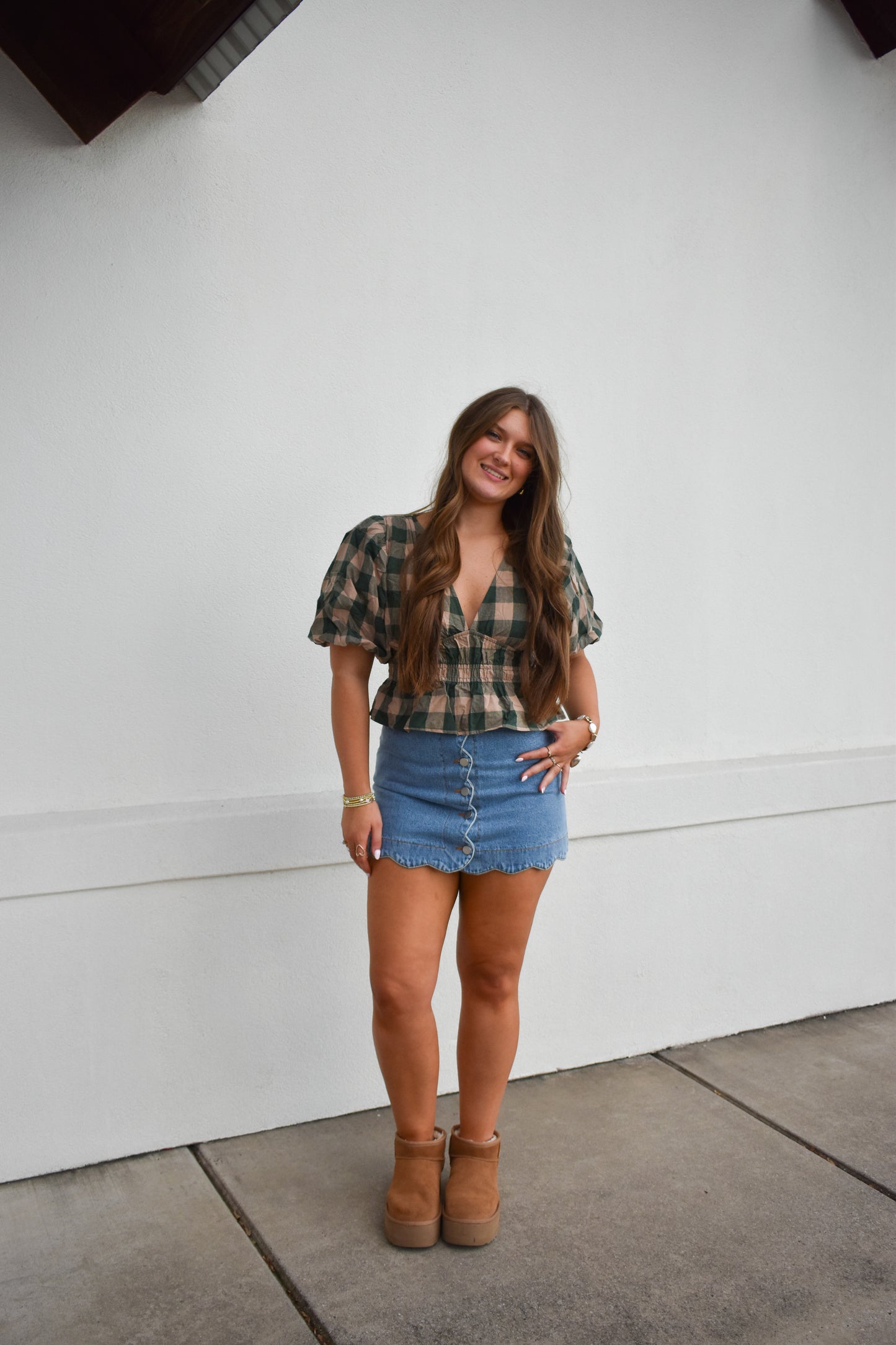 Gingham Bubble V Neck Top