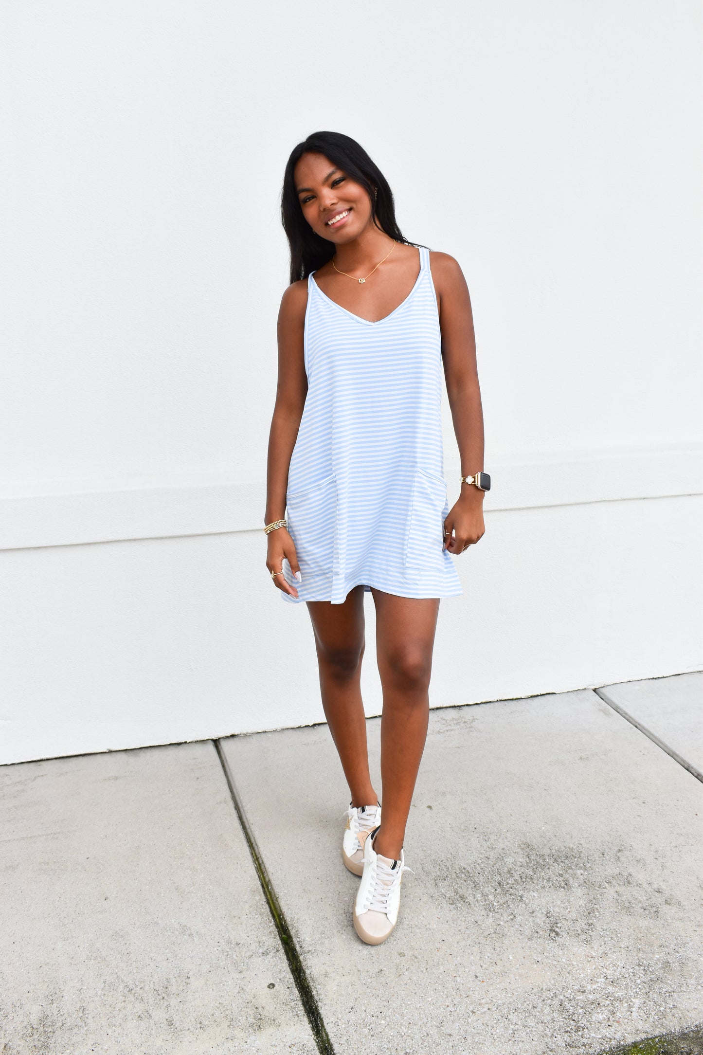 Striped Romper Dress W/ Built In Romper: Blue