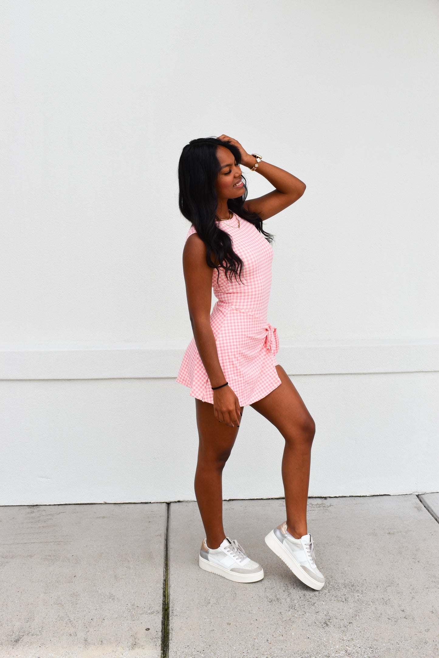 Gingham Athletic Wrap Tie Dress: Light Pink