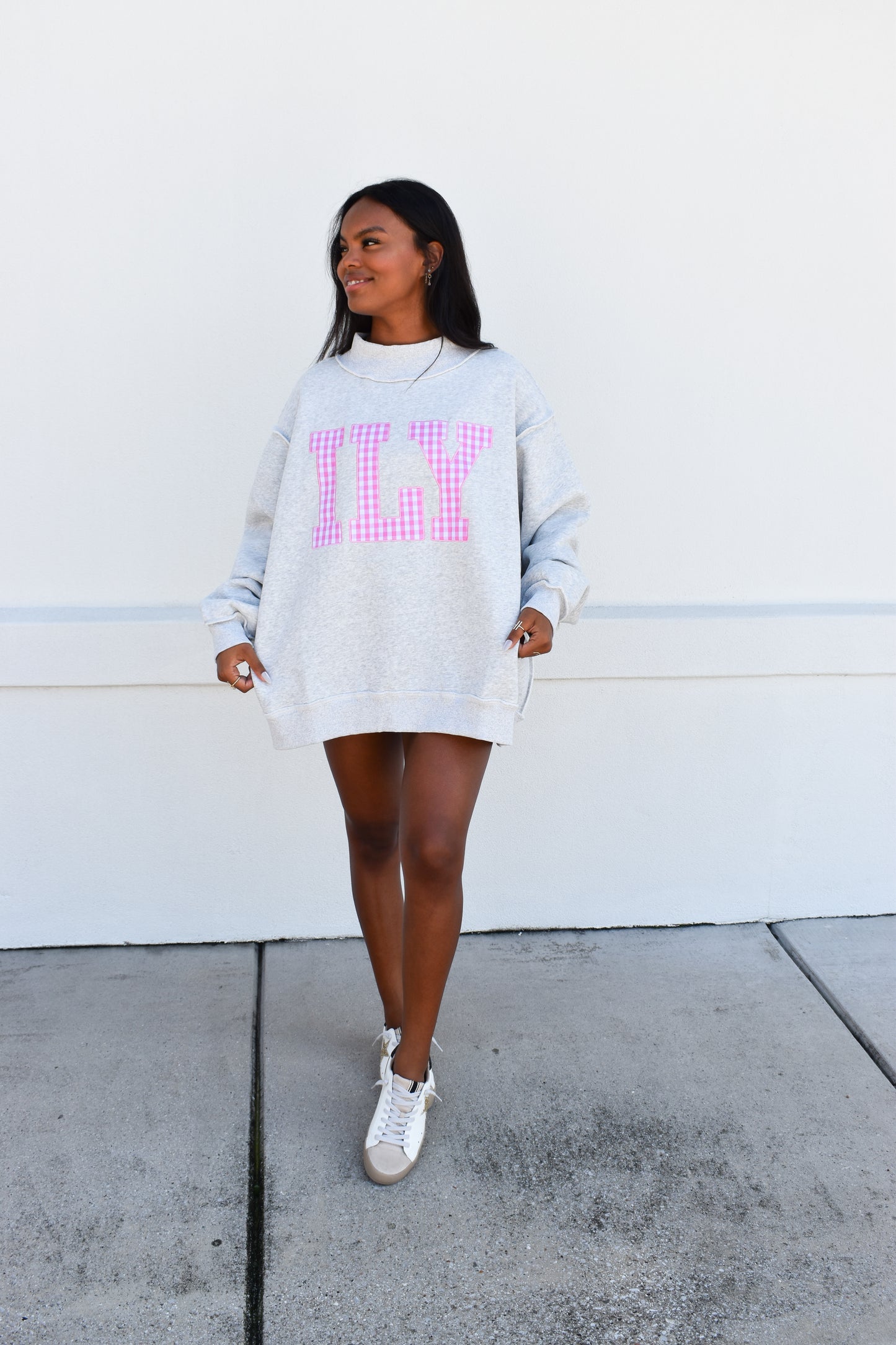"ILY" Gingham Embroidered Mockneck
