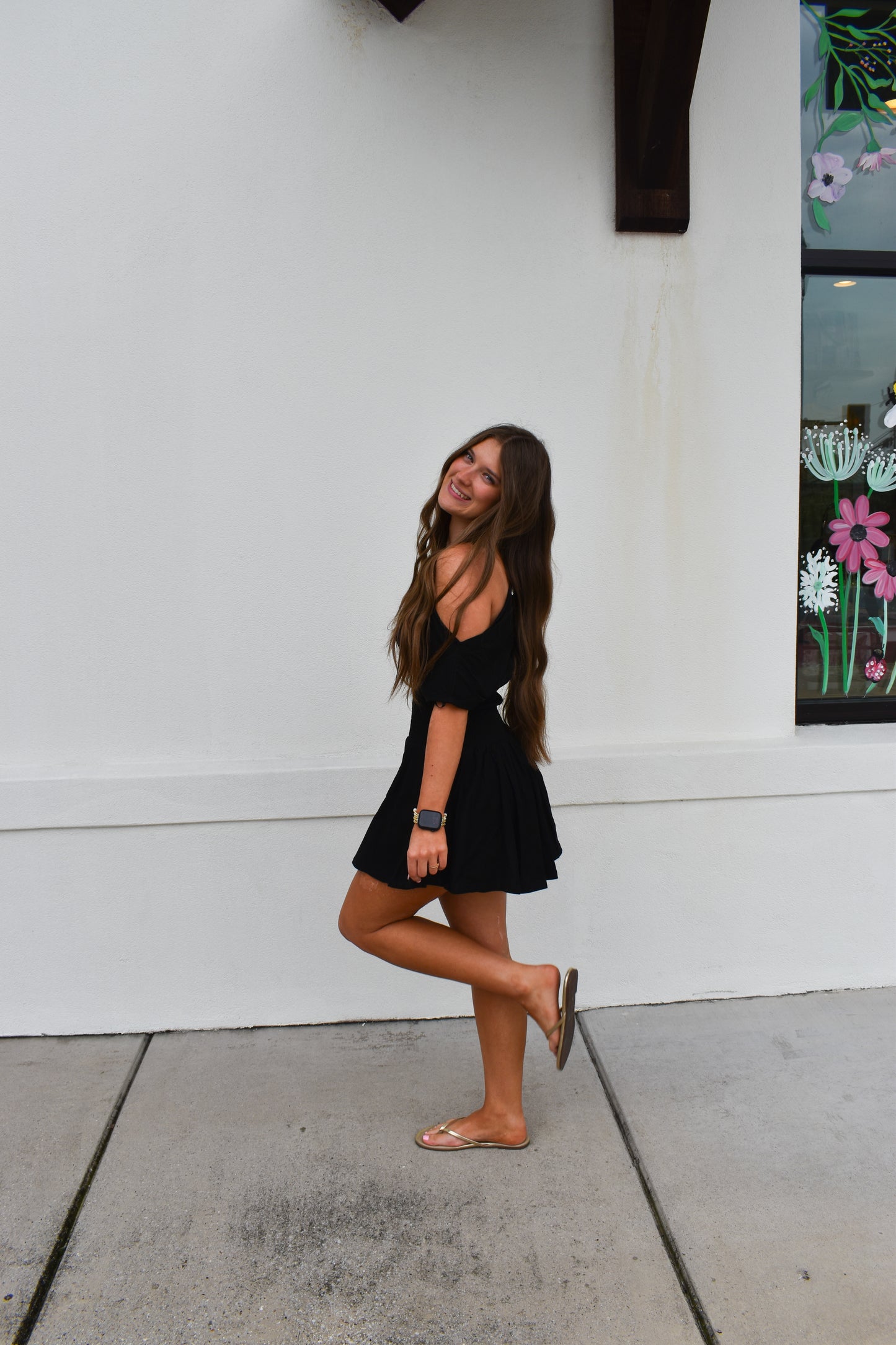 Off Shoulder Smocked Waist Dress: Black