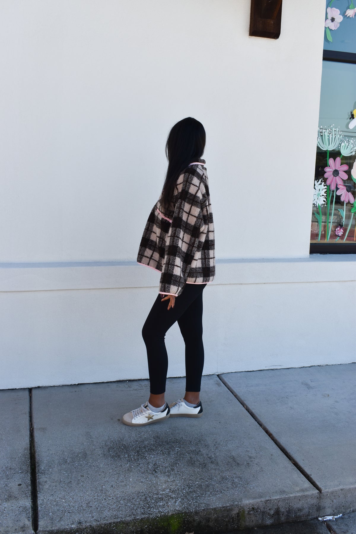 Plaid Sherpa Half-Zip W/ Pink Detail