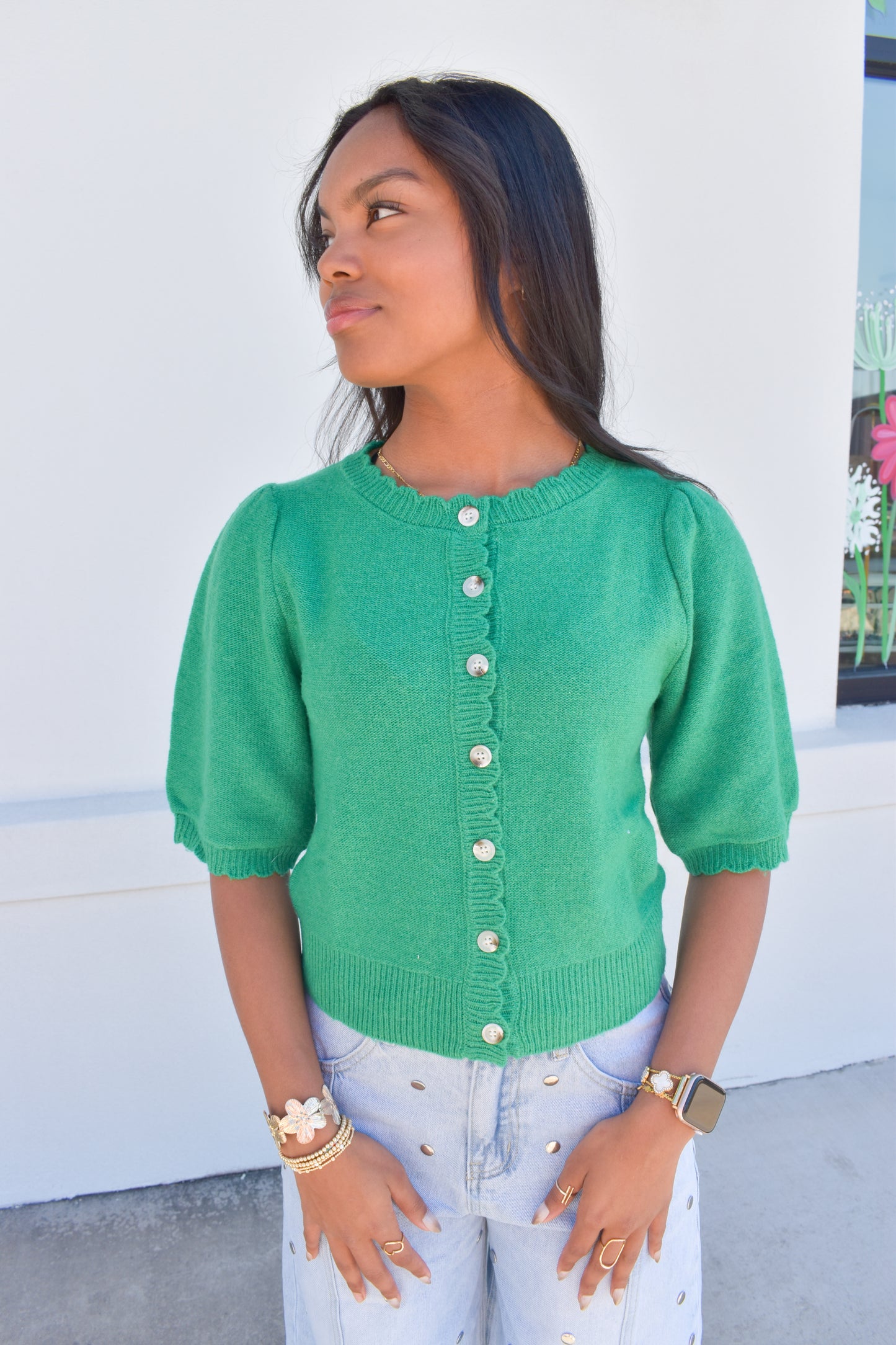 Green Button Short Sleeve Cardigan