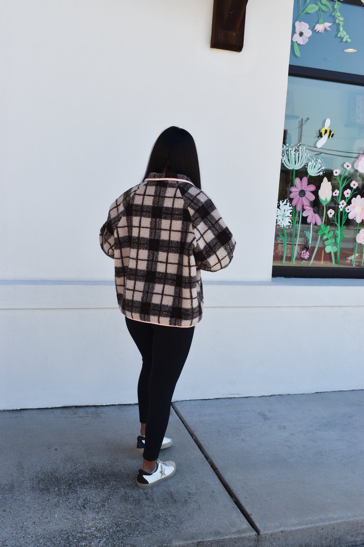 Plaid Sherpa Half-Zip W/ Pink Detail