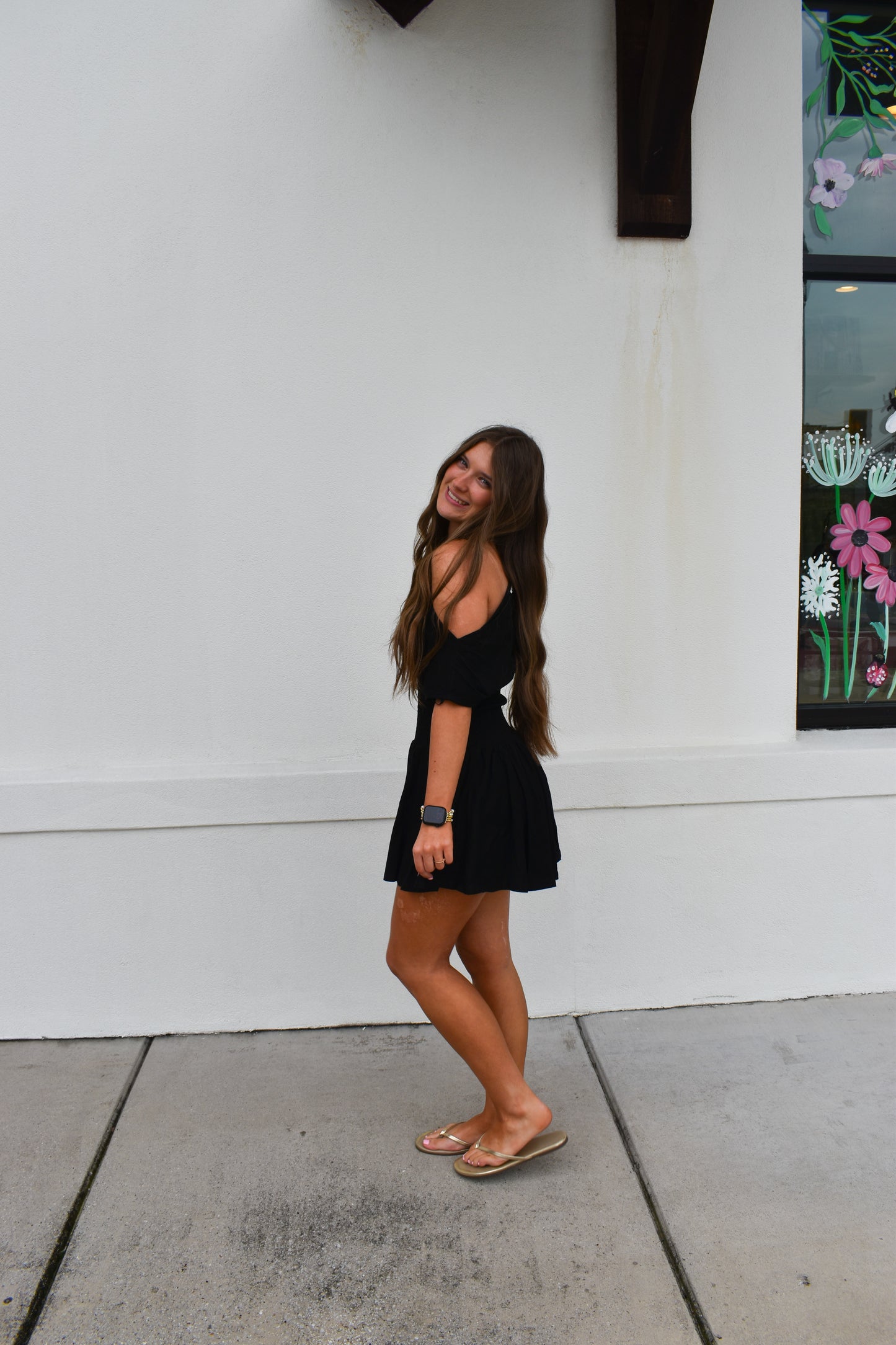Off Shoulder Smocked Waist Dress: Black
