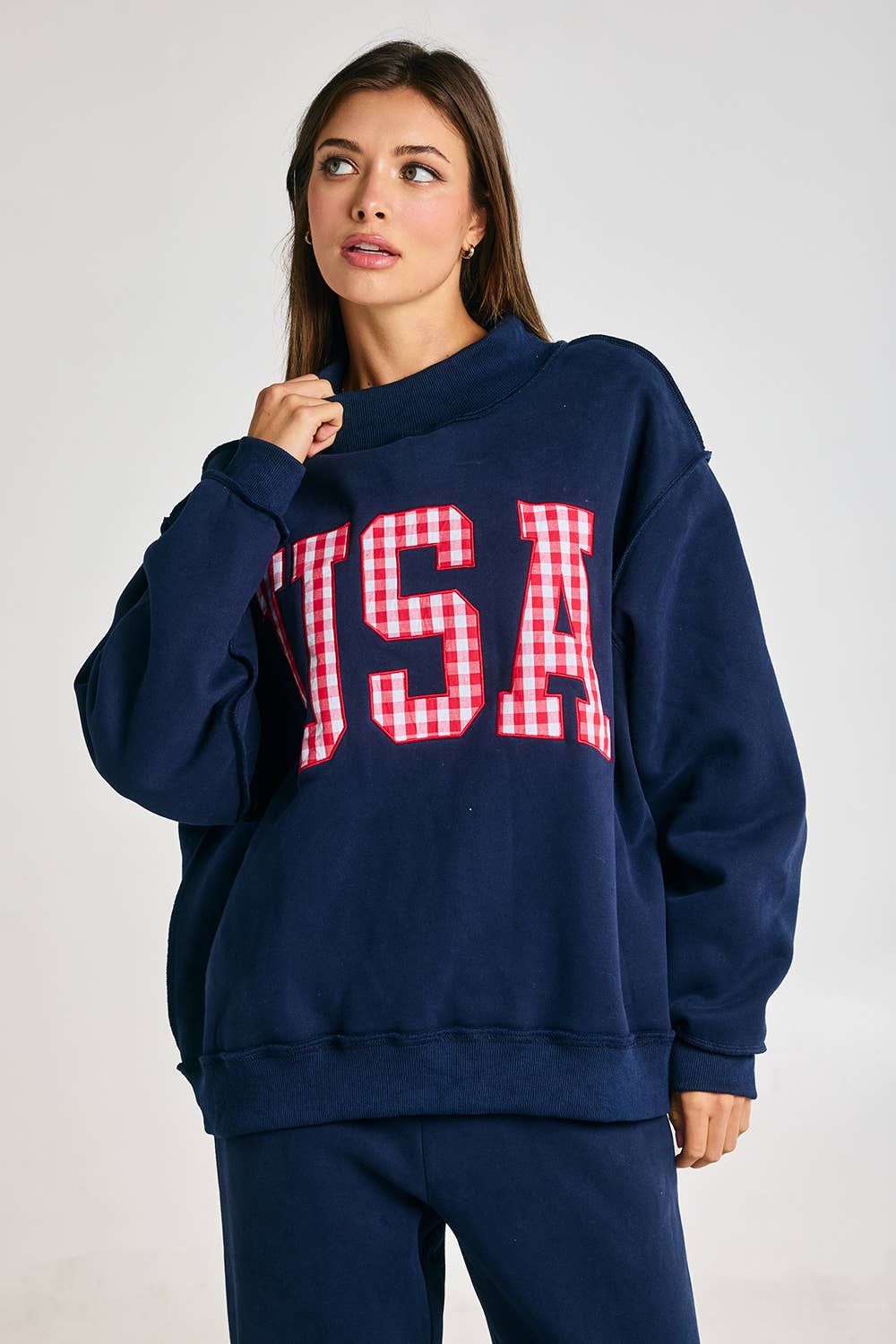 Gingham Embroidery "USA" Mock Neck Sweatshirt