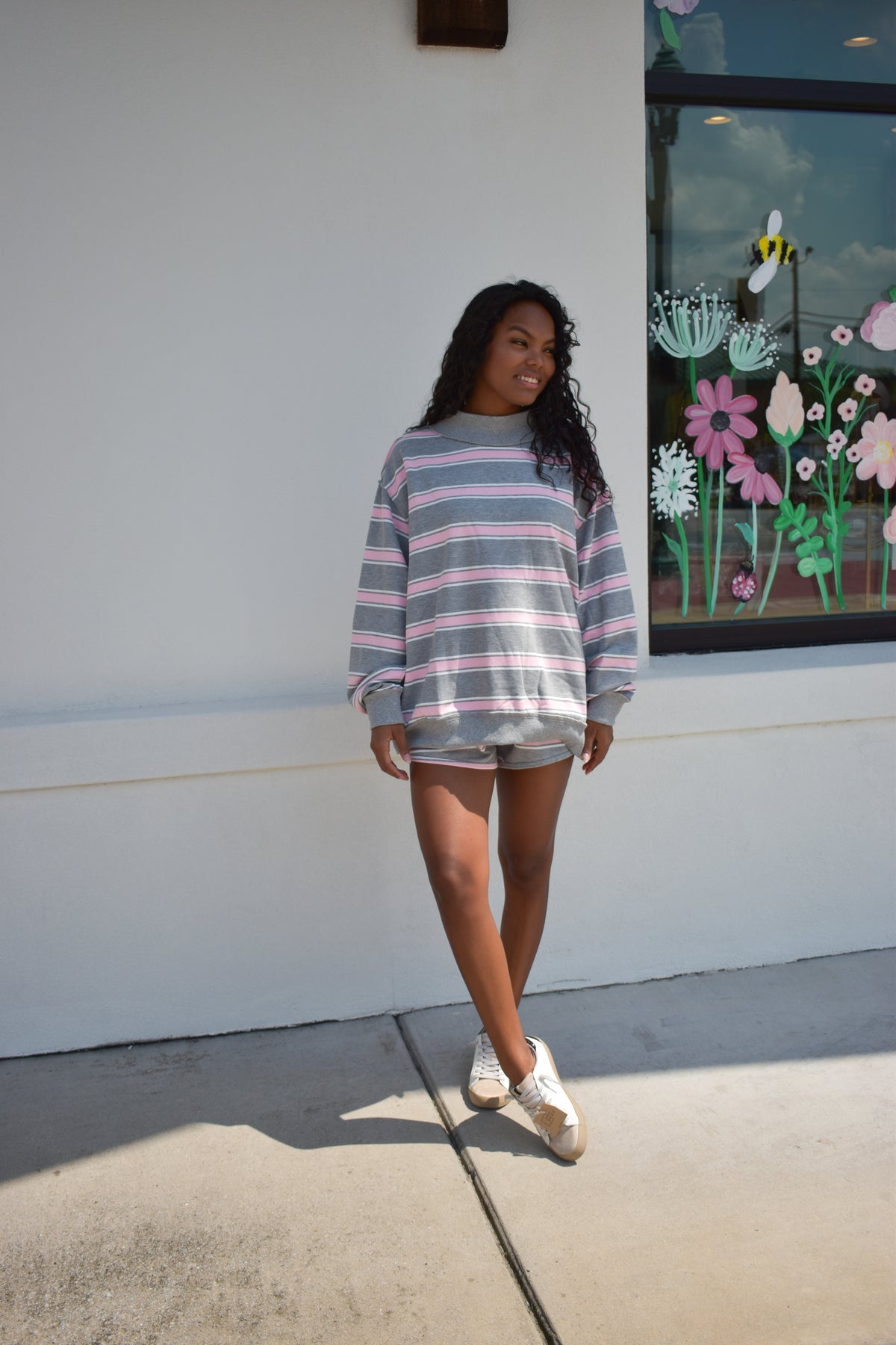 Stripe Print Mock Neck Oversized Sweatshirt