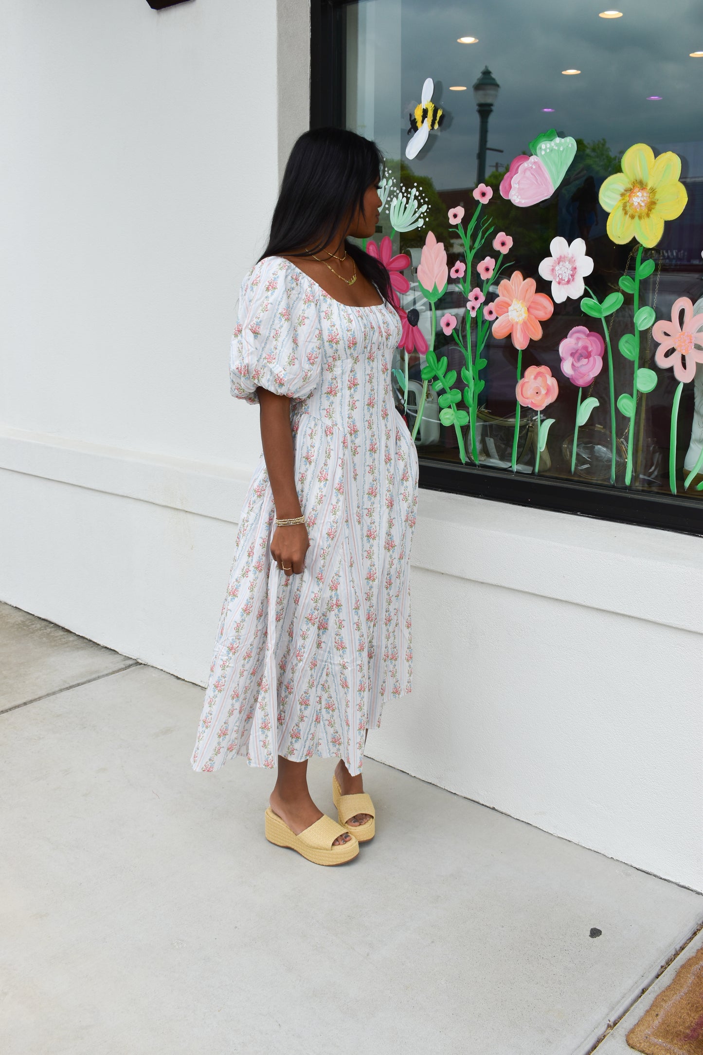 Floral Bubble Maxi Dress W/ Pin Stripe Detail