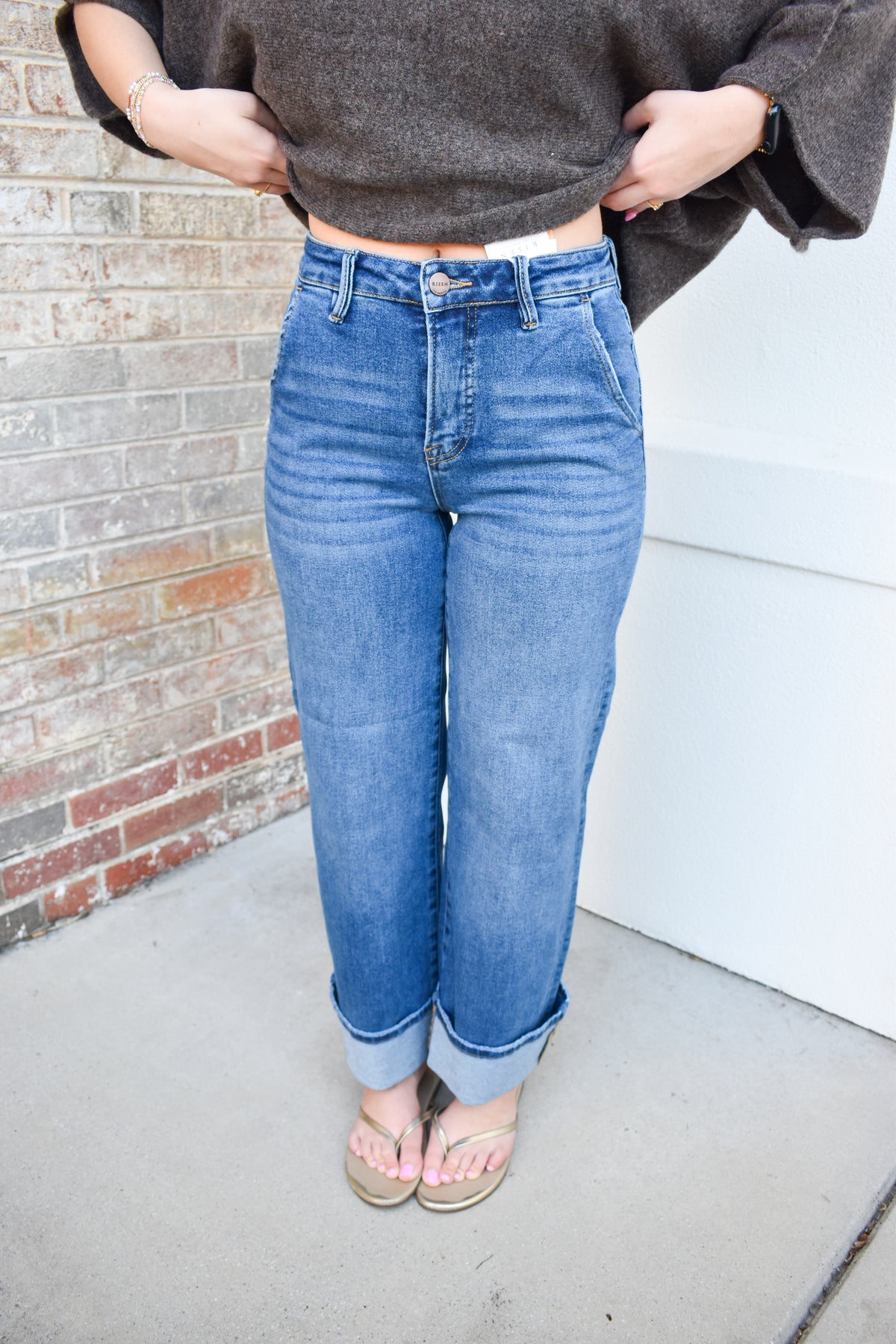 Tummy Control High Rise Ankle Wide Cuffed Jeans: Dark