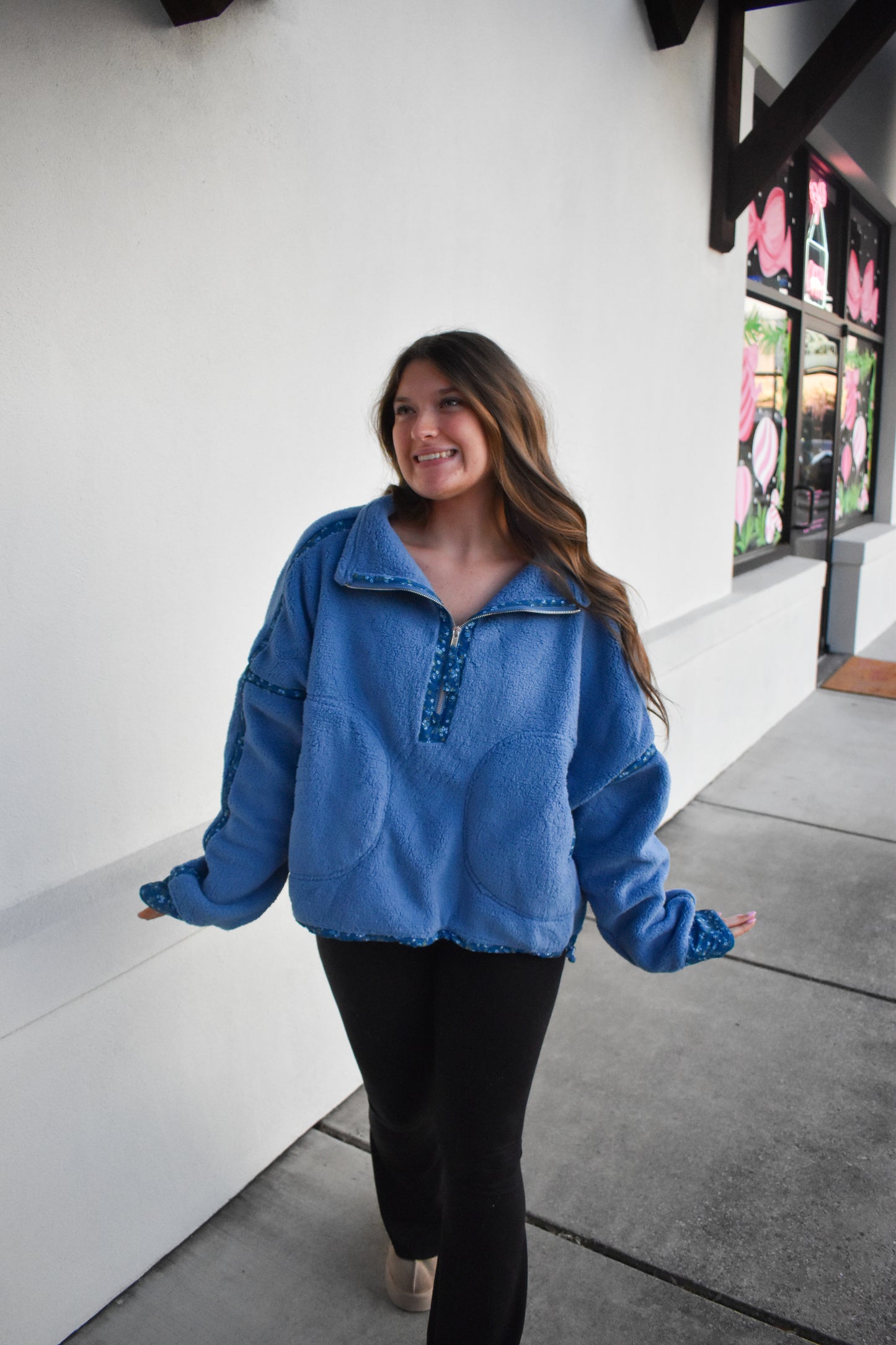 Floral Piping Detail Sherpa Jacket