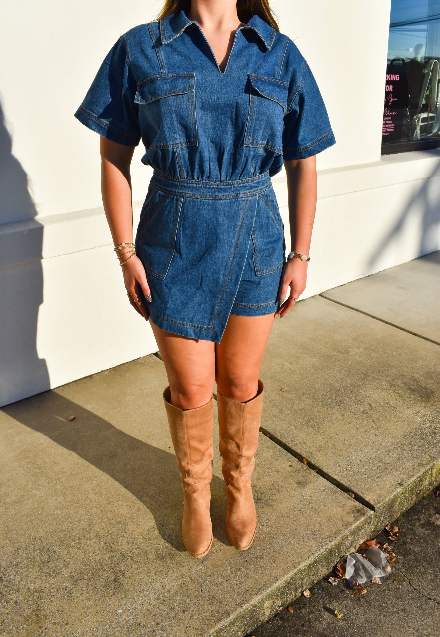 Denim Romper W/ Pockets & Wrap Detail