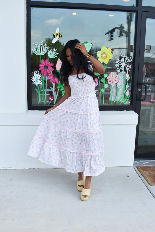 Ditsy Flower Smocked Dress: Pink/Blue
