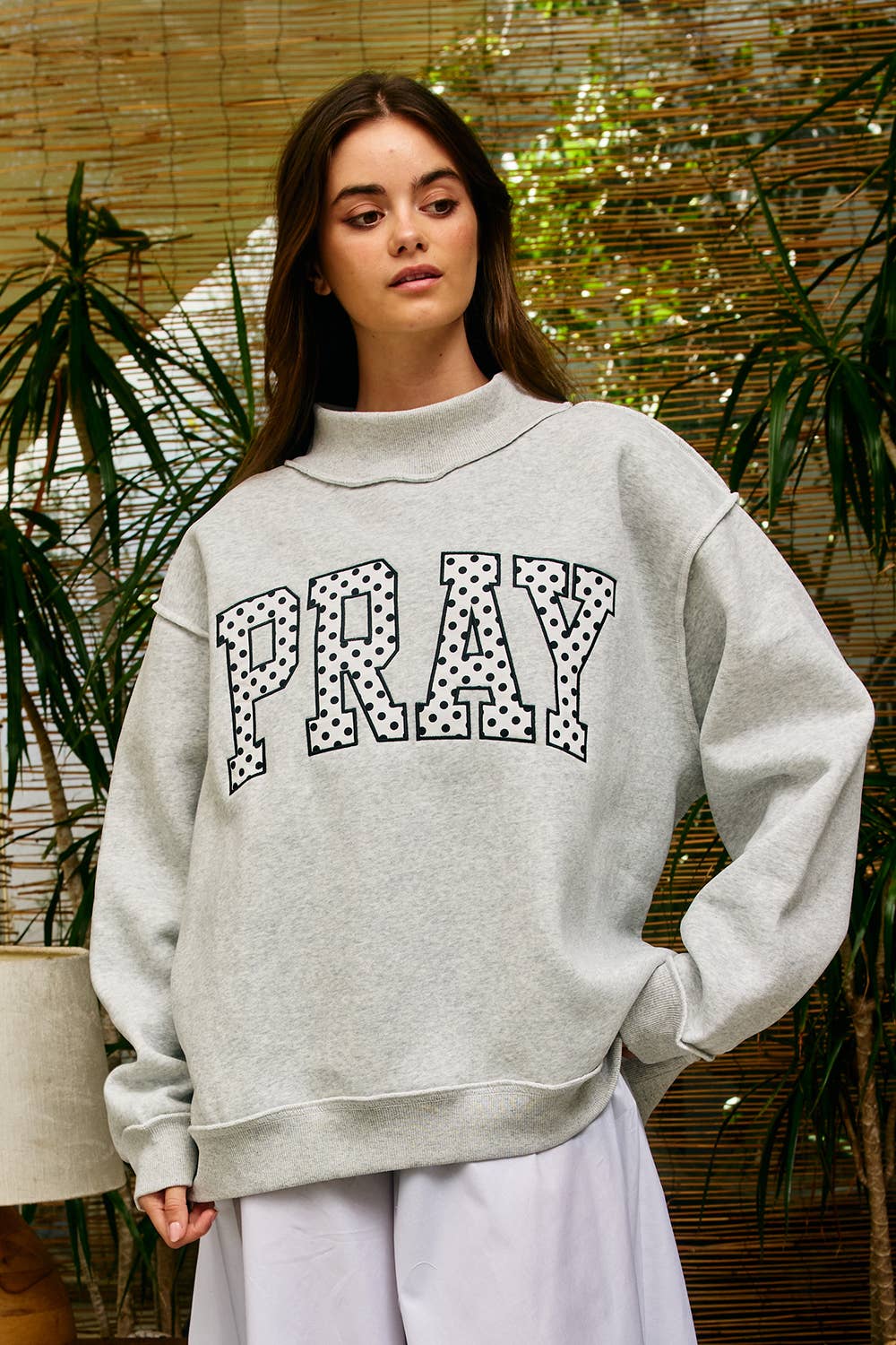 Embroidered "PRAY" Polka Dot Mockneck