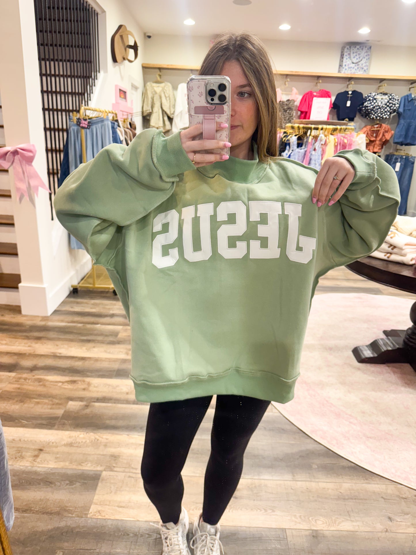 Jesus Embroidered MockNeck: Green