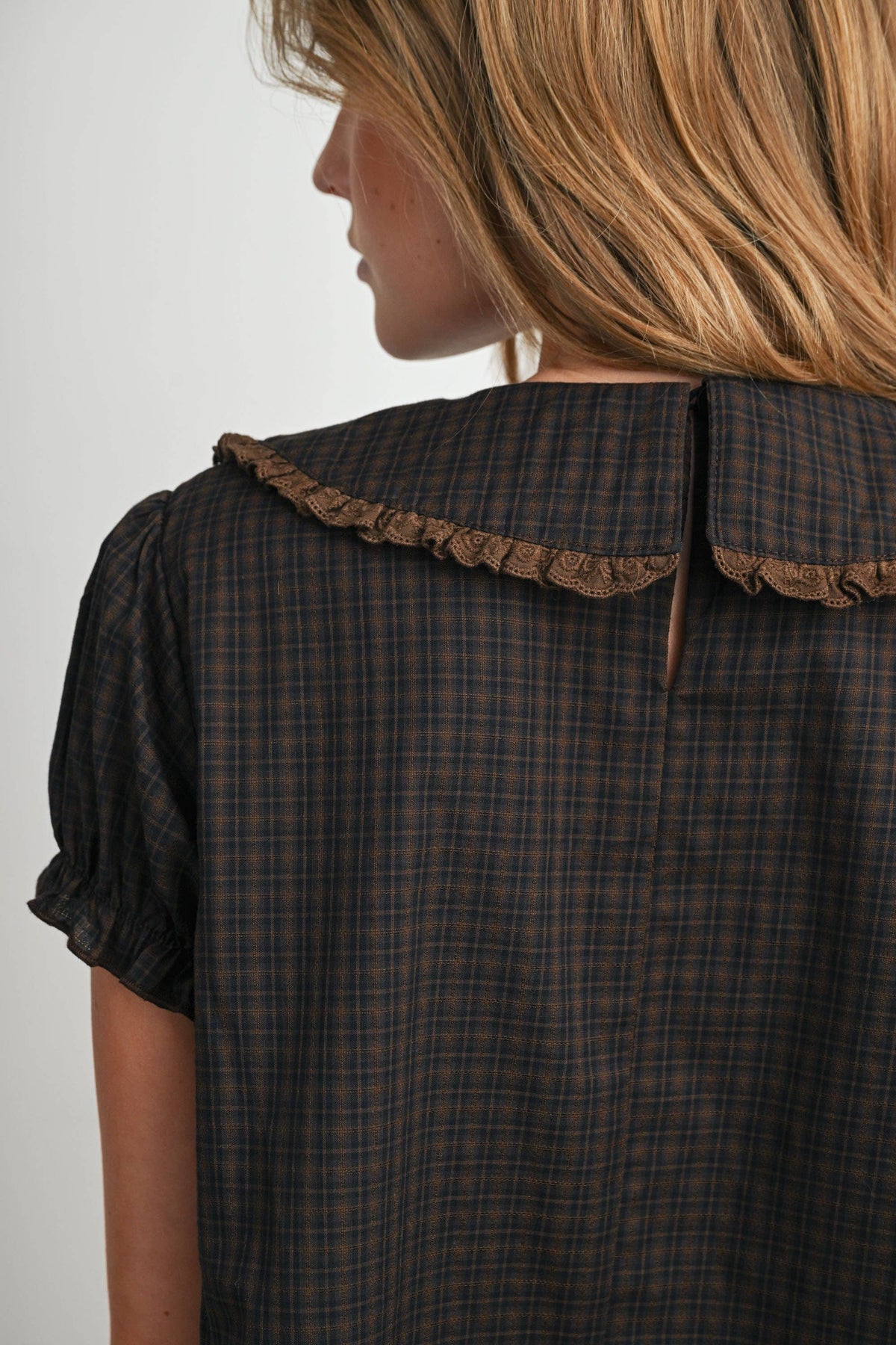 Plaid Peter Pan Collar Puff Sleeve Blouse