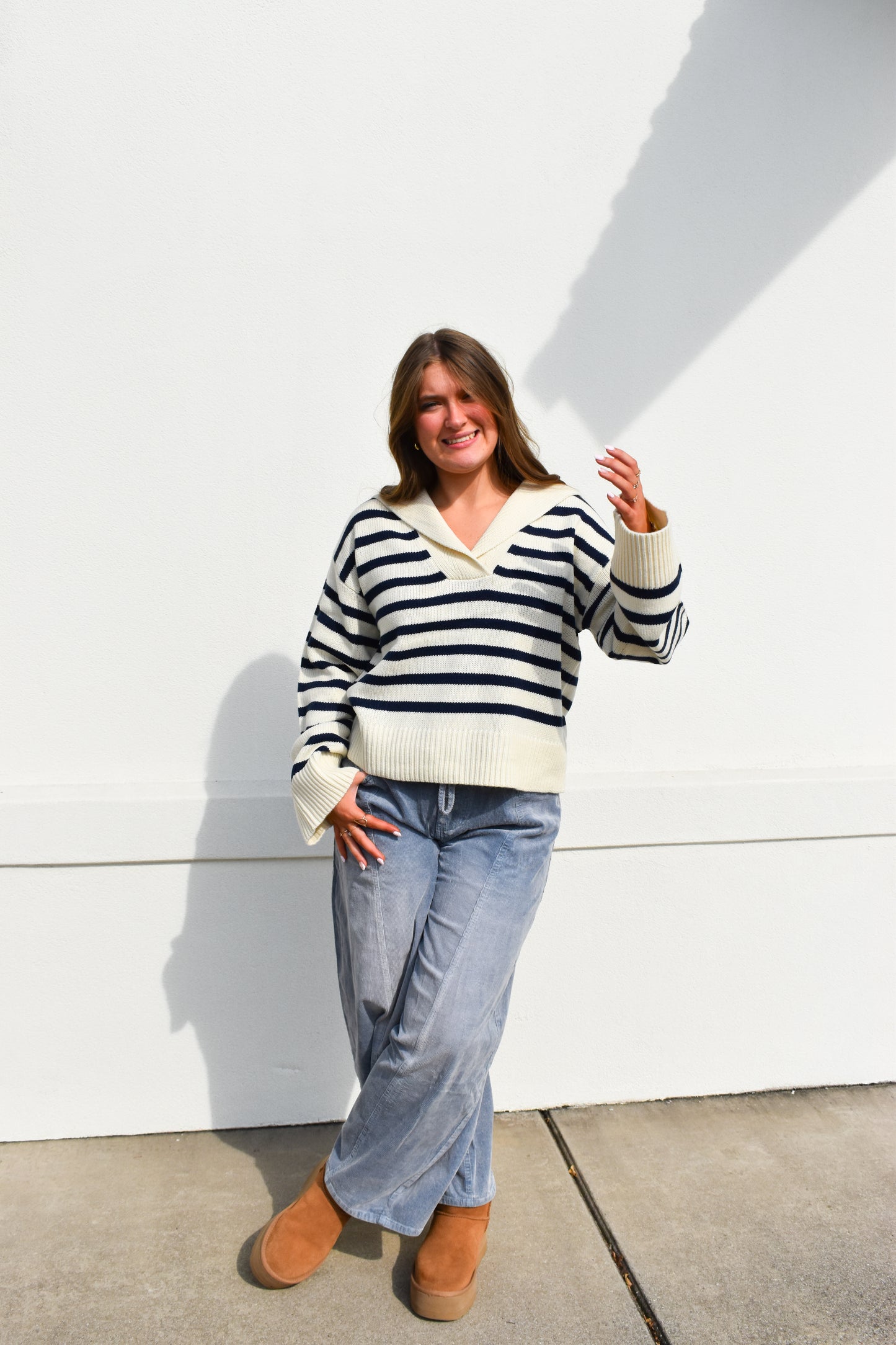 Cream/Navy Striped Collared Knit Sweater