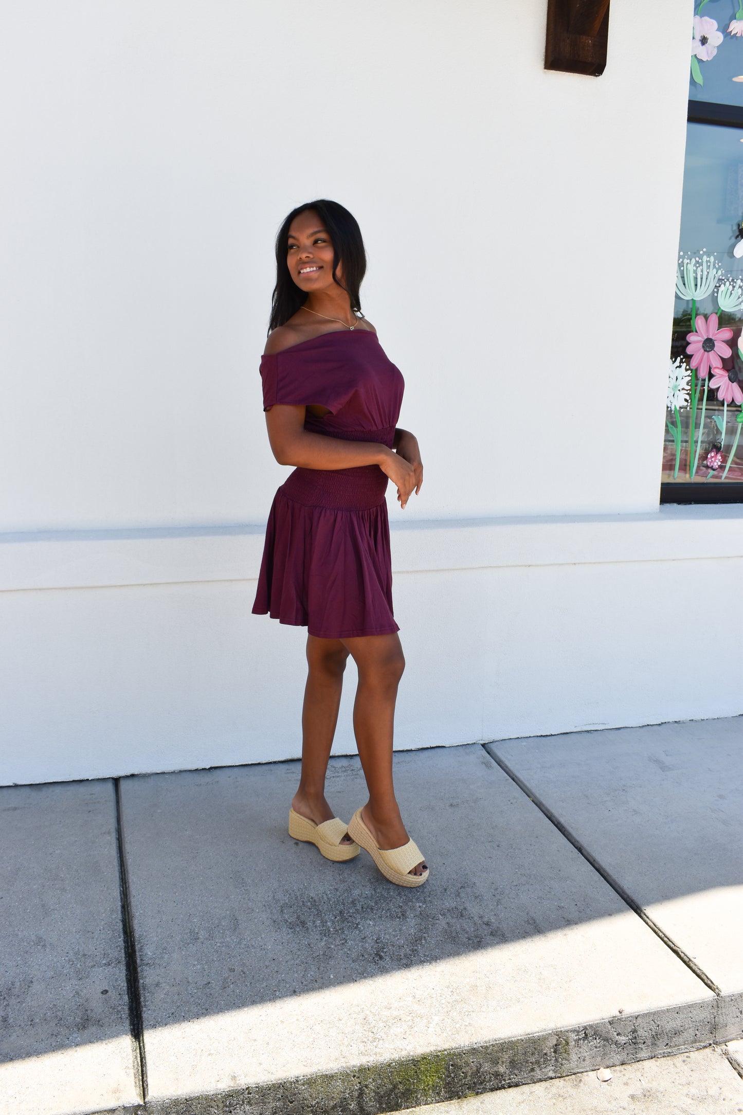 Off Shoulder Smocked Waist Dress: Wine
