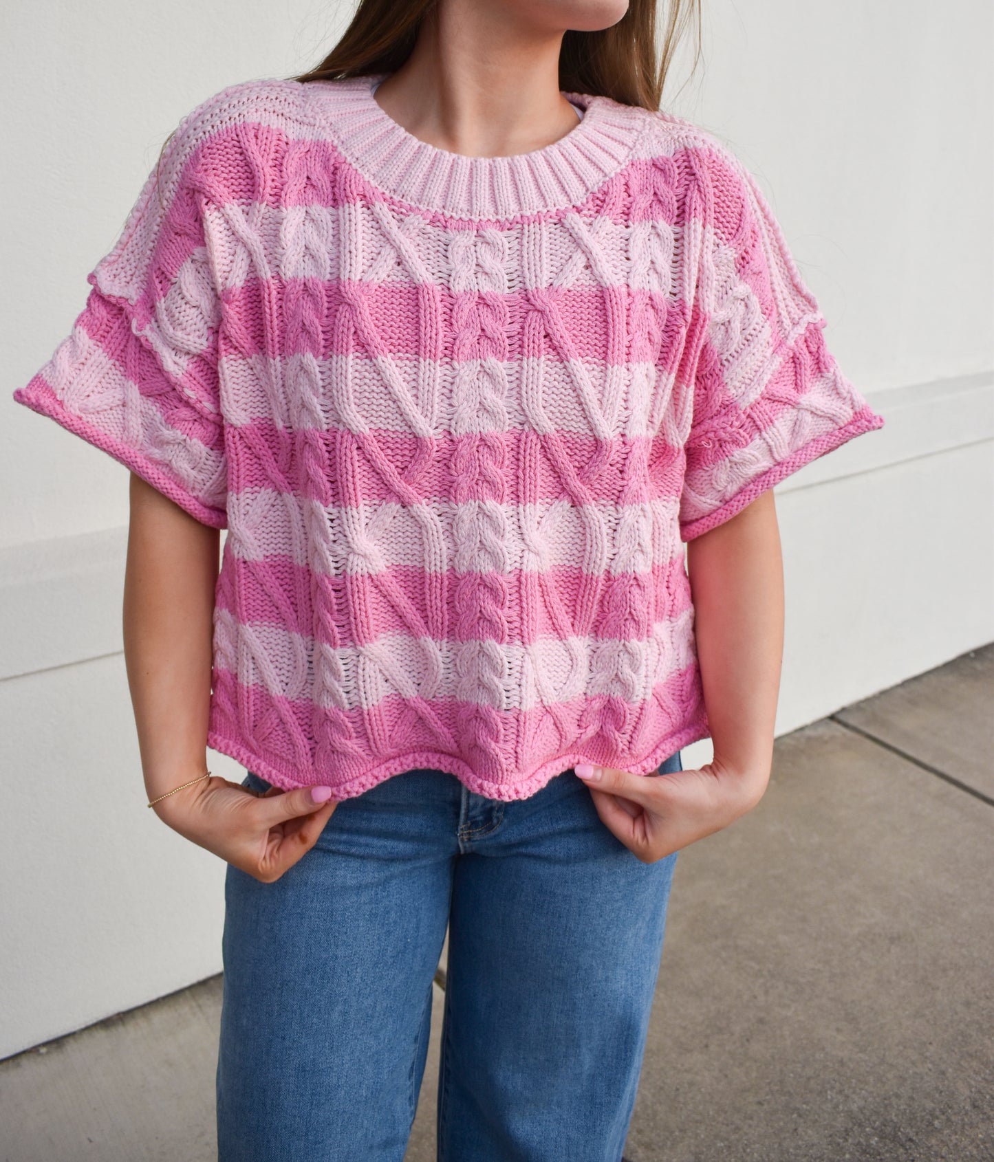 Pink Stripe Round Neck Knit Sweater Top