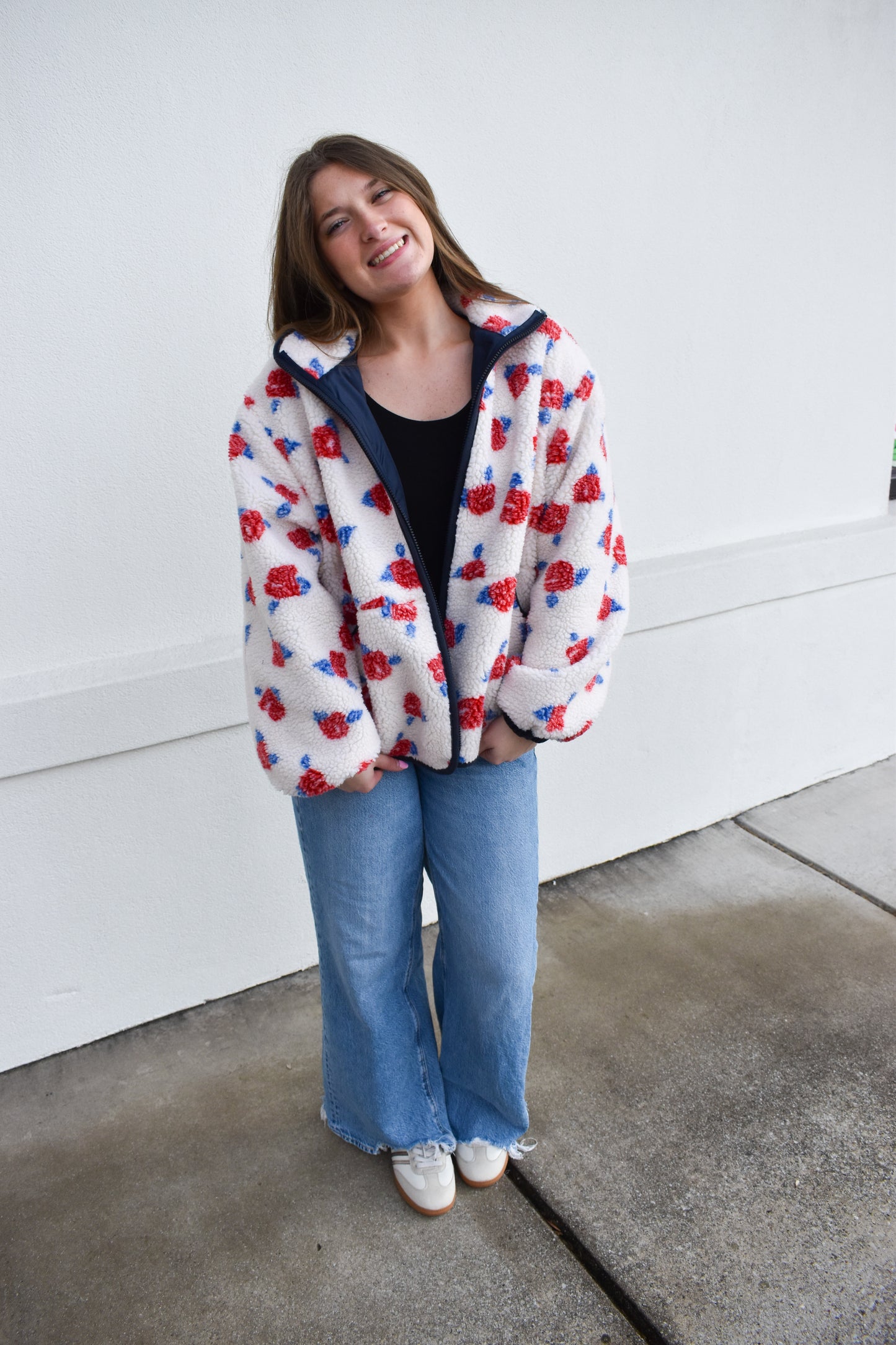 Cozy Oversized Rose Pattern Fleece Zip Up Jacket