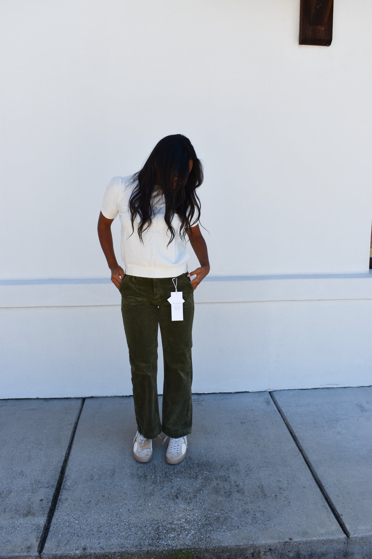Tummy Control Mid Rise Ankle Straight Corduroy: Green