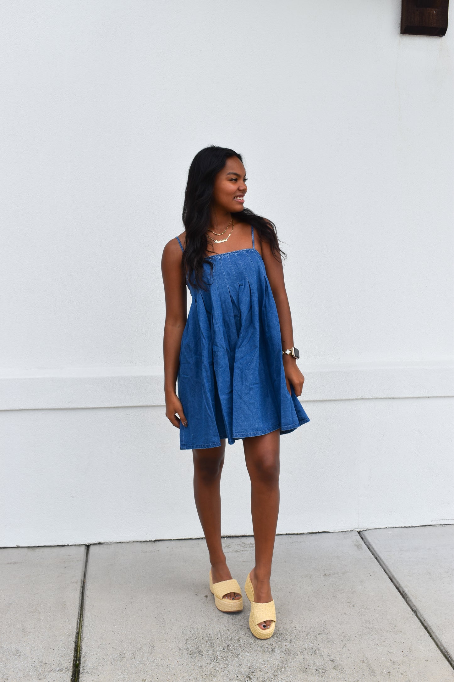 Denim Pleated Babydoll Dress