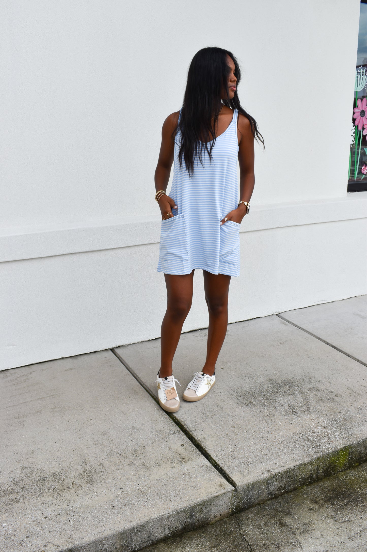 Striped Romper Dress W/ Built In Romper: Blue