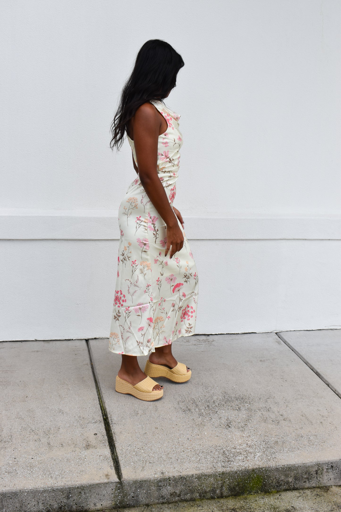 Cowl Neck Floral Midi Dress