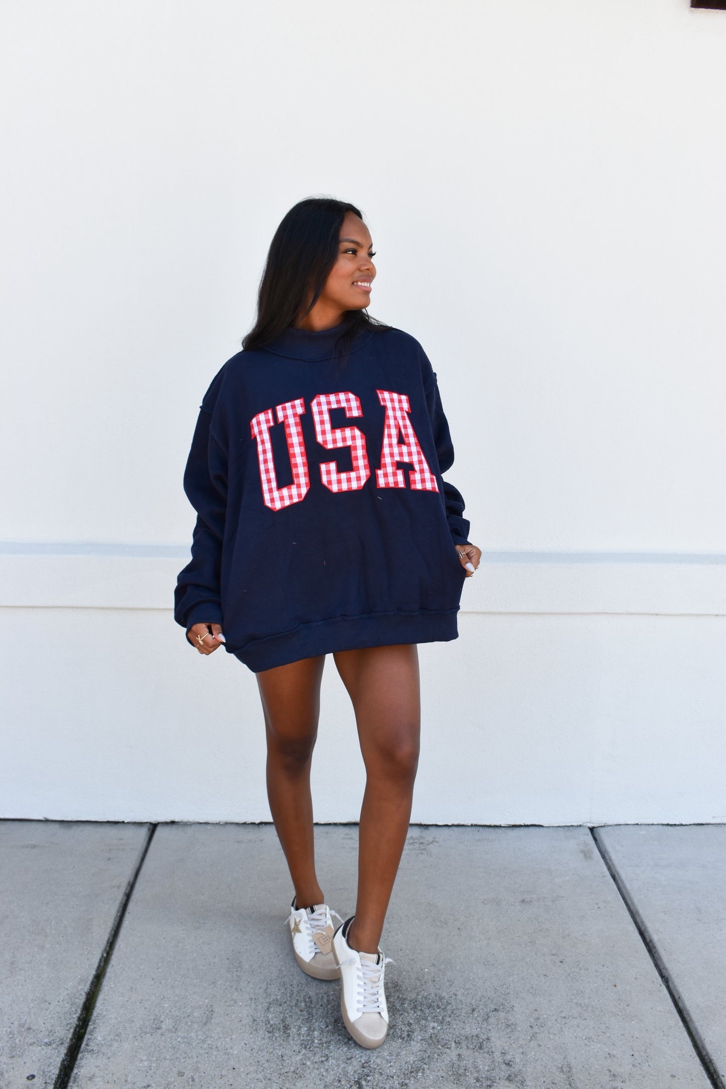 Gingham Embroidery "USA" Mock Neck Sweatshirt