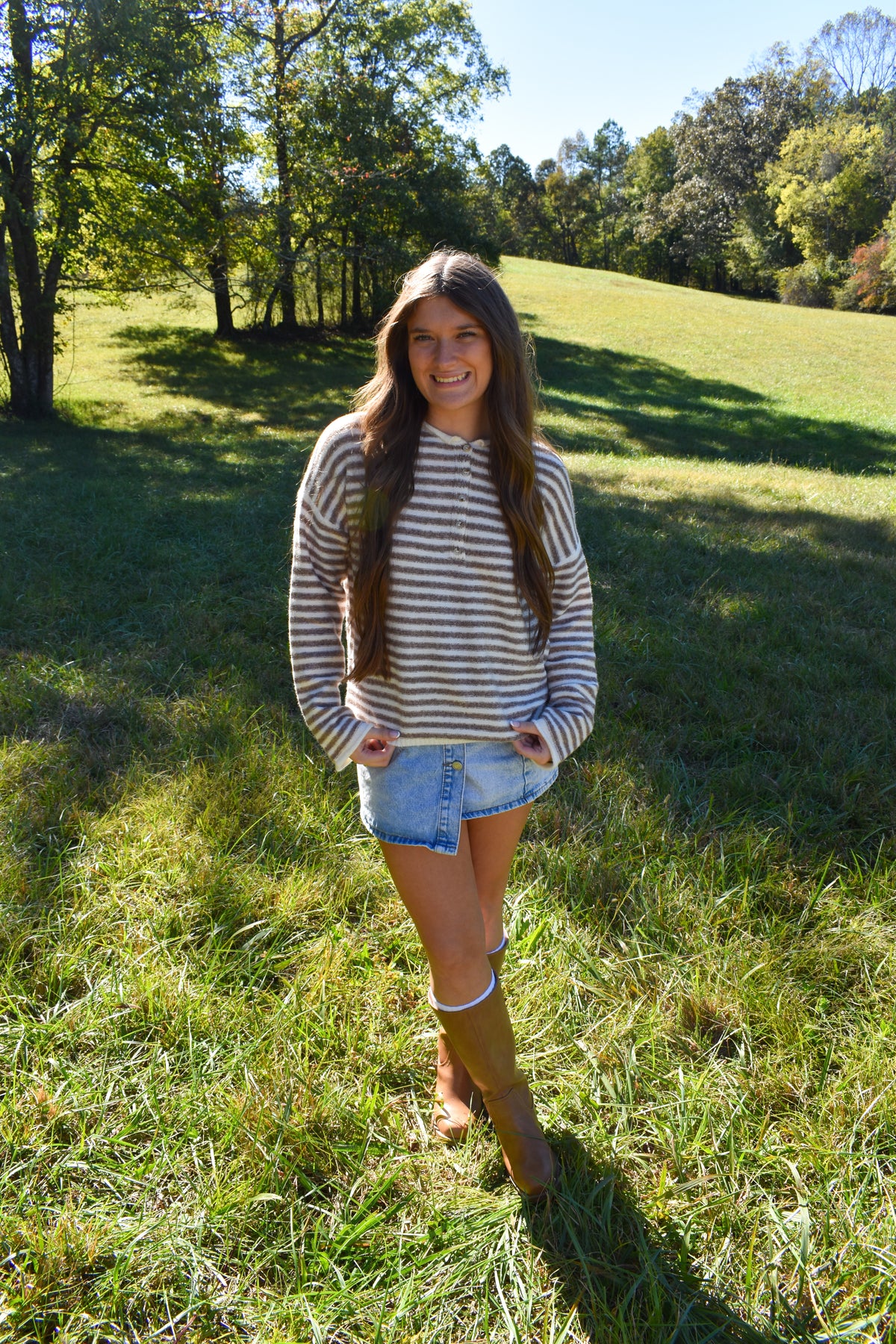 Beige Stripe Henley Pullover