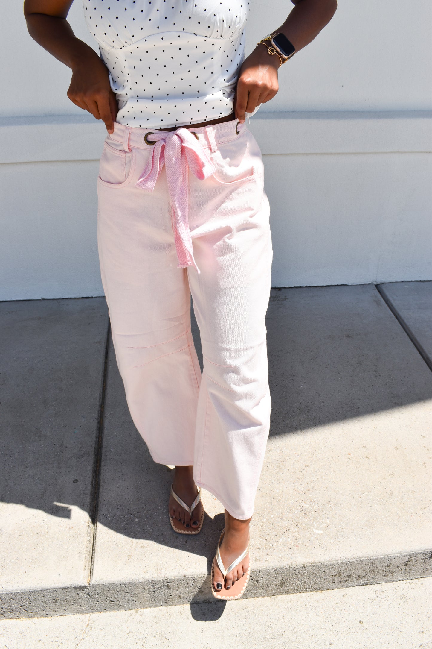 Pink Eyelet Thru Cotton Belt Barrel Jean