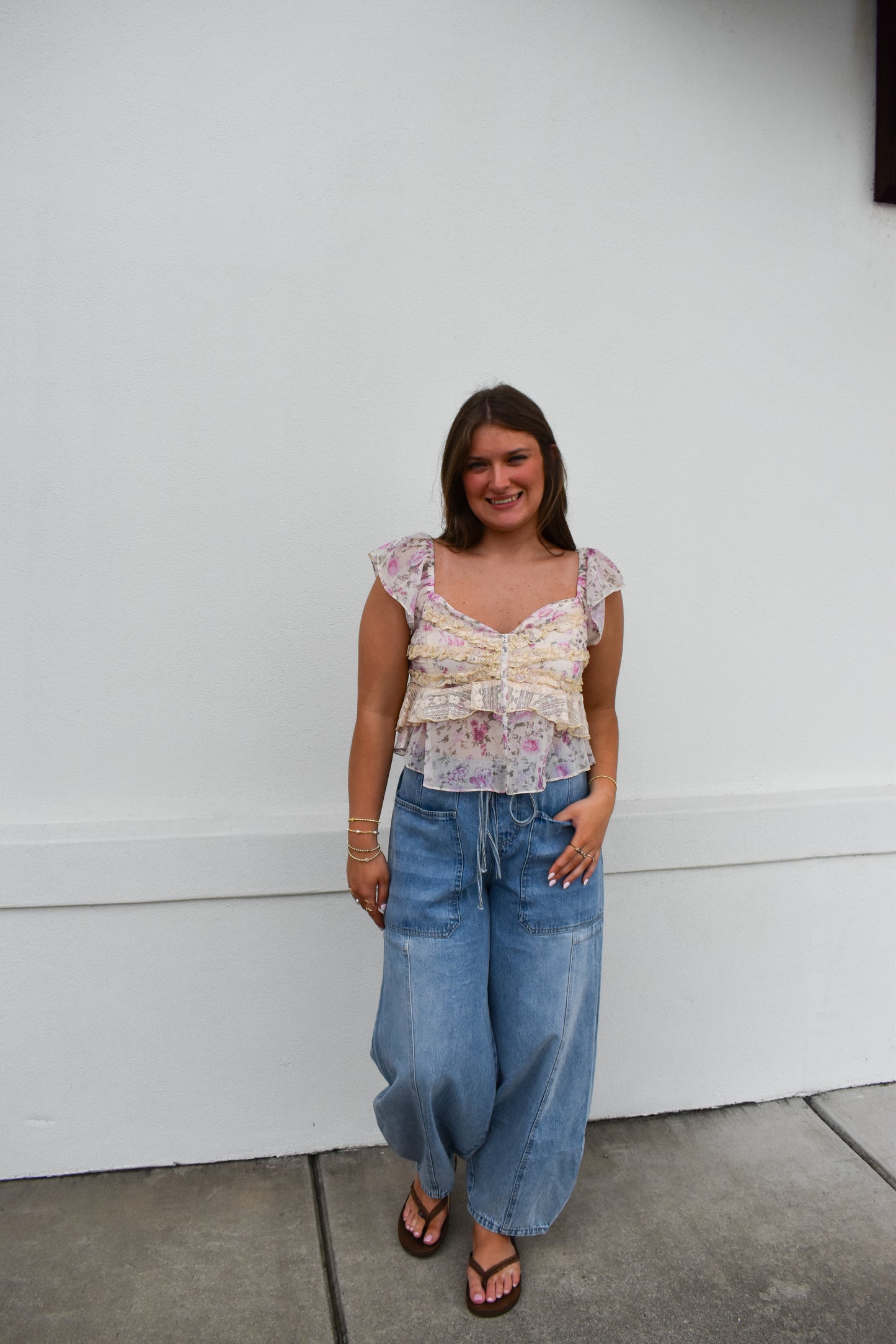 Floral Print Ruffle Lace Sweetheart Top