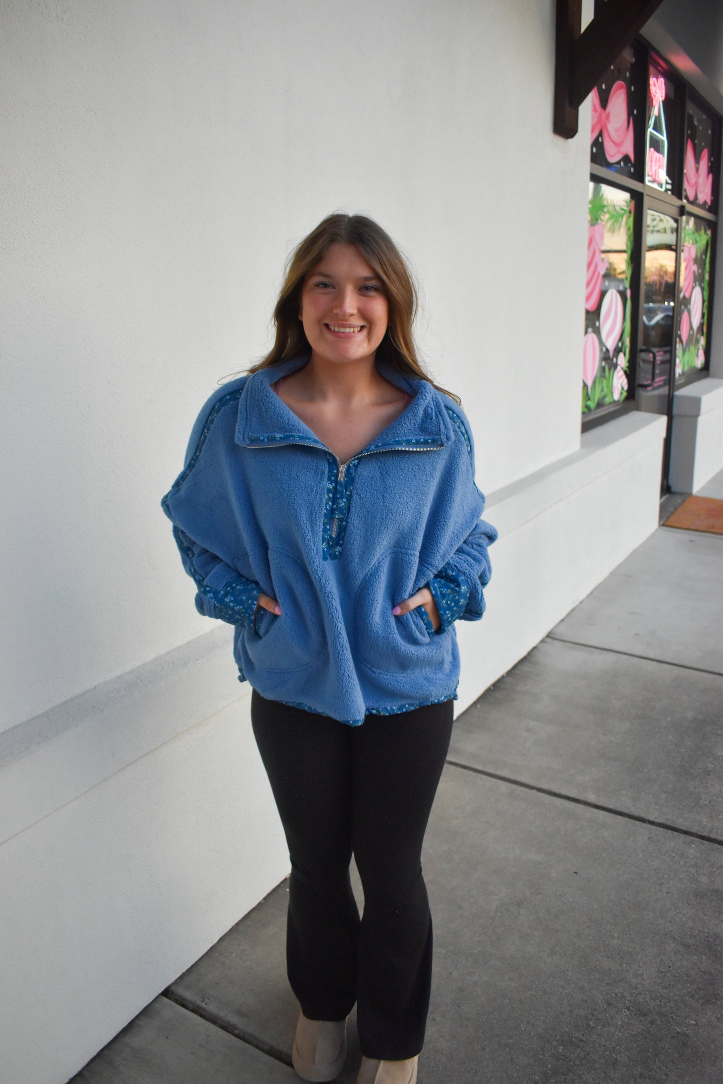 Floral Piping Detail Sherpa Jacket