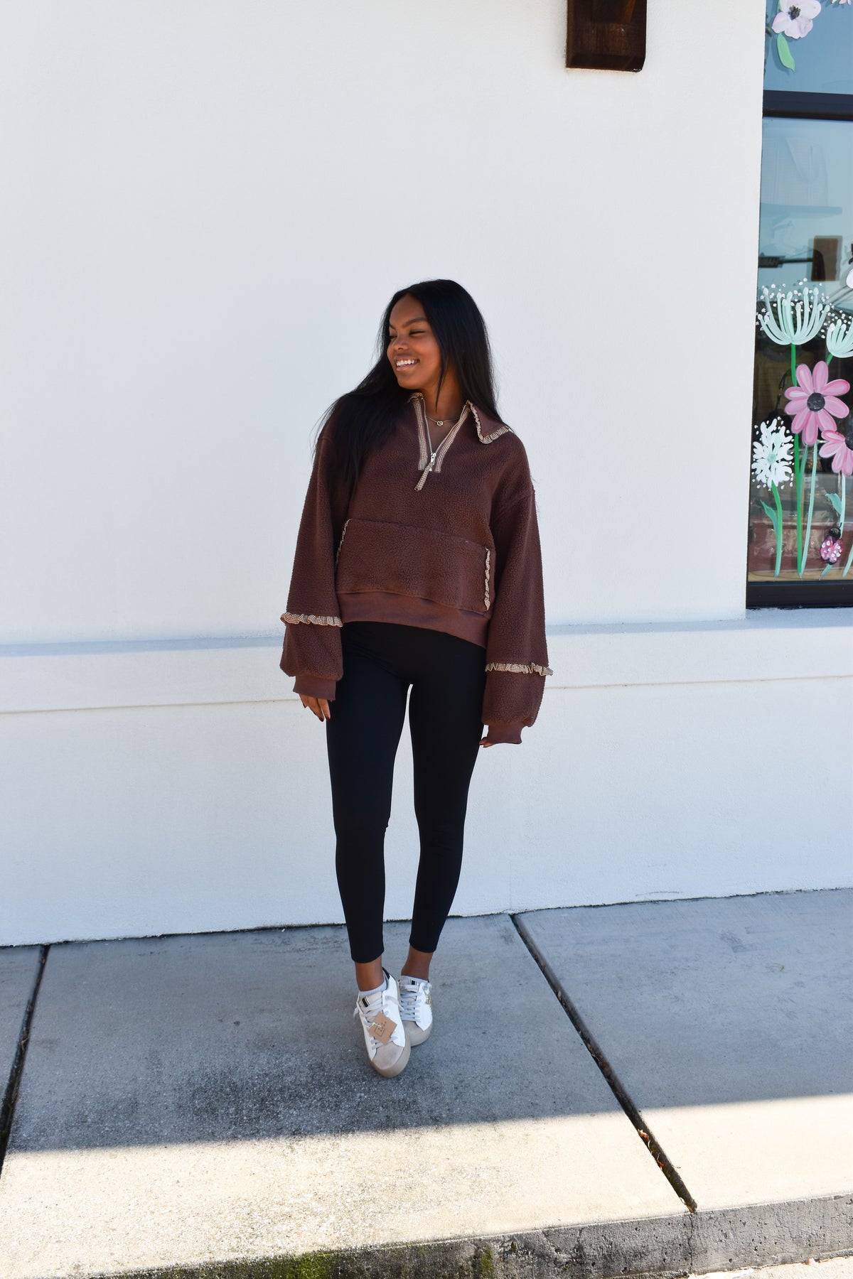 Gingham Fleece Collared Pullover: Brown