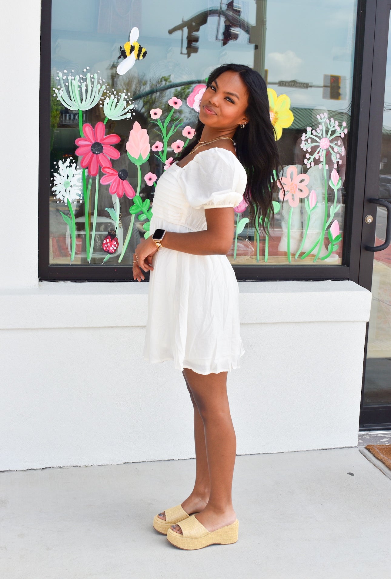 Pleated Puff Sleeve Mini Dress
