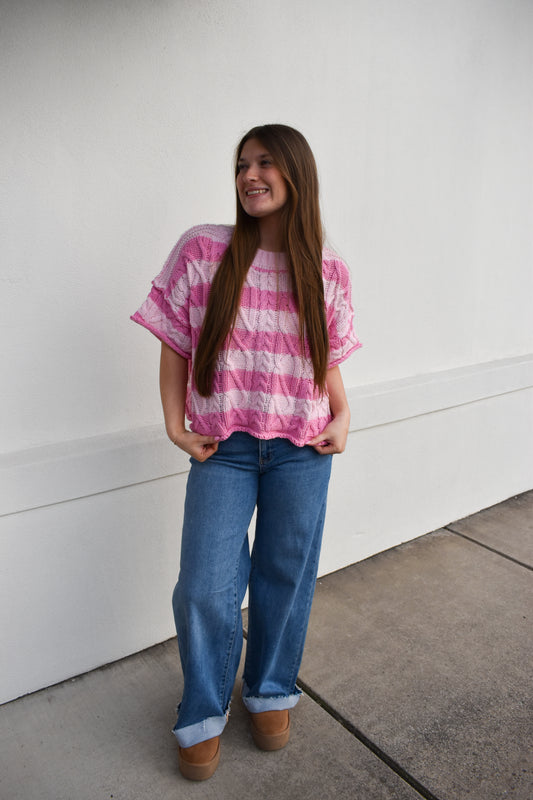 Pink Stripe Round Neck Knit Sweater Top