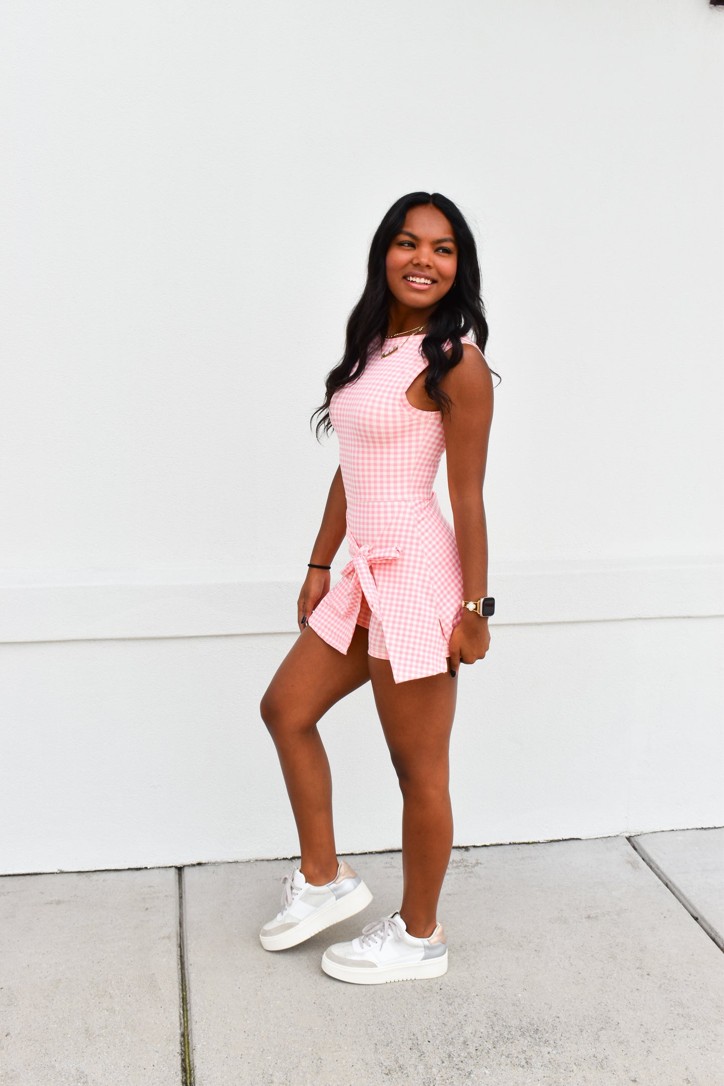 Gingham Athletic Wrap Tie Dress: Light Pink